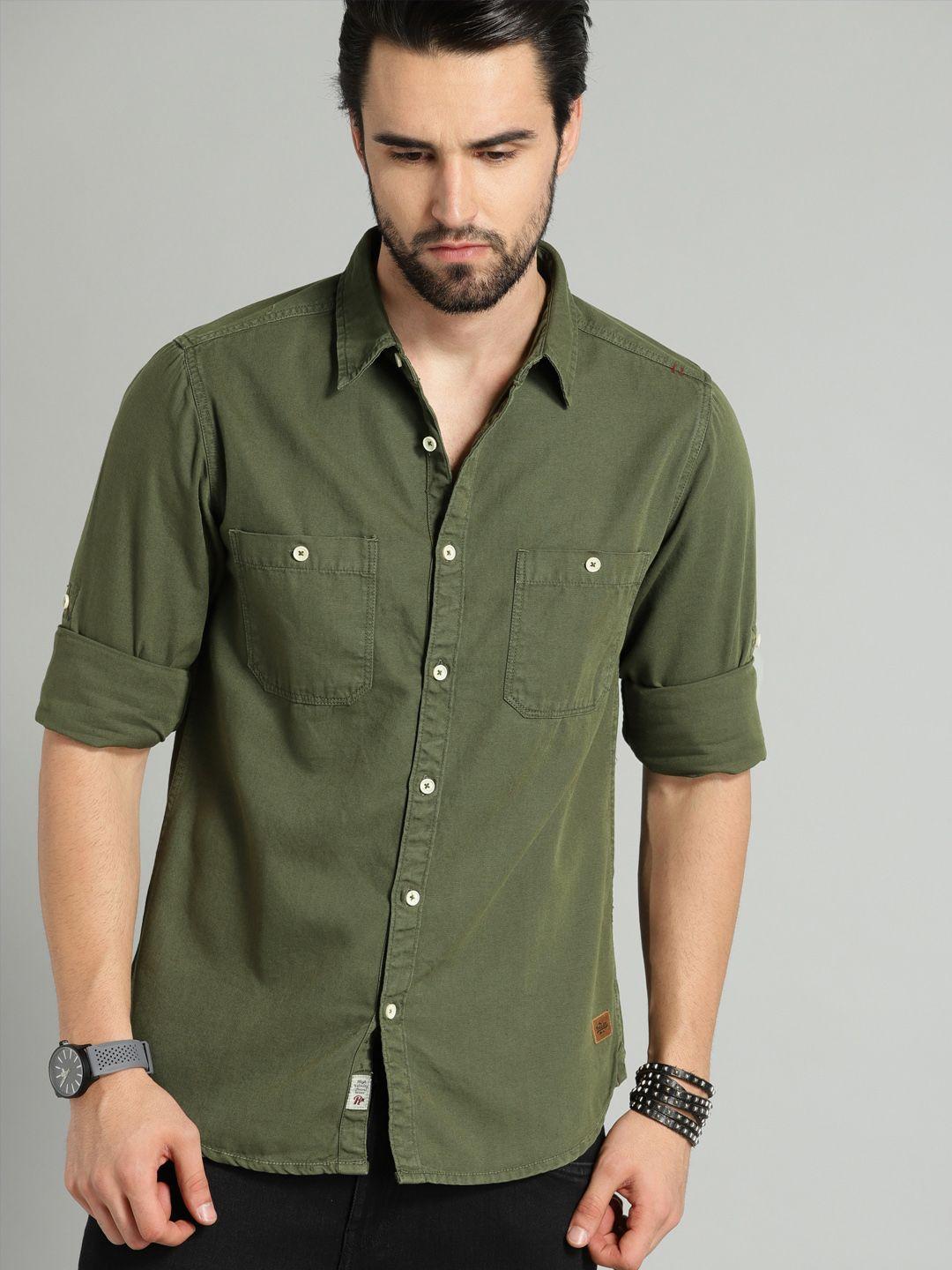 roadster men olive green regular fit solid sustainable casual shirt