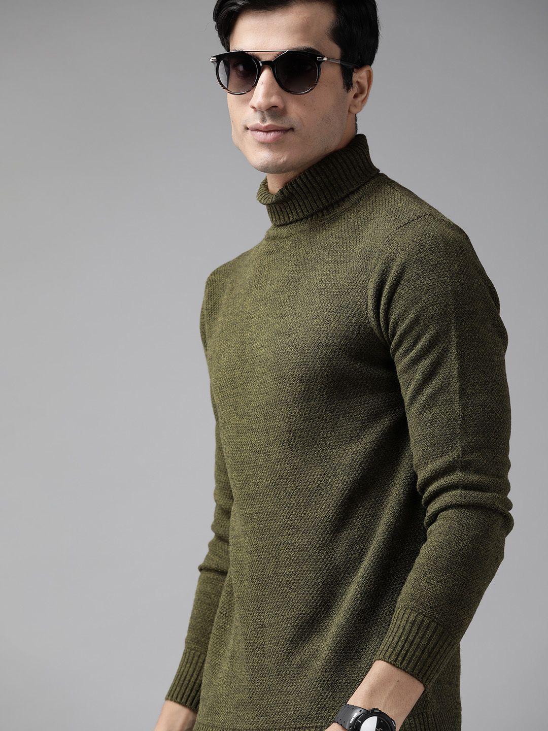 roadster men olive green self design pullover sweater