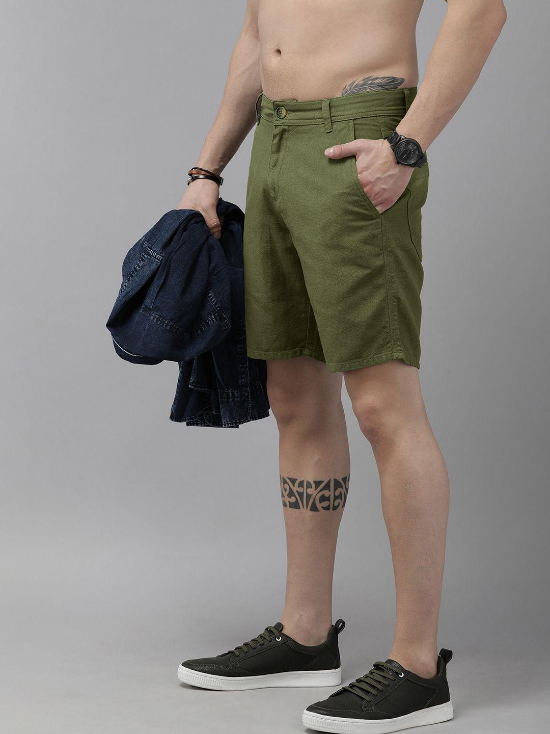 roadster men olive green slim fit cotton shorts