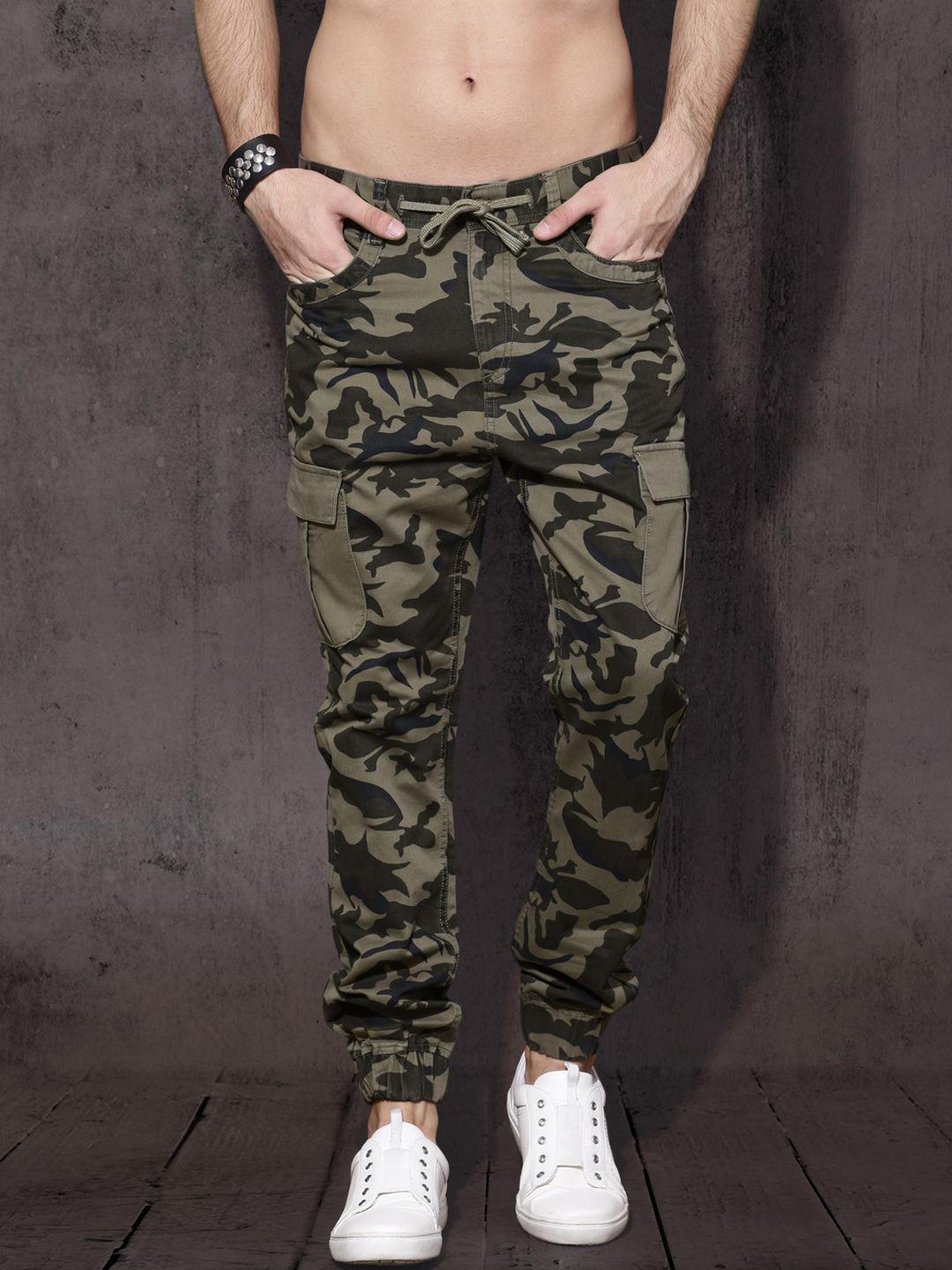 roadster men olive green slim fit printed joggers