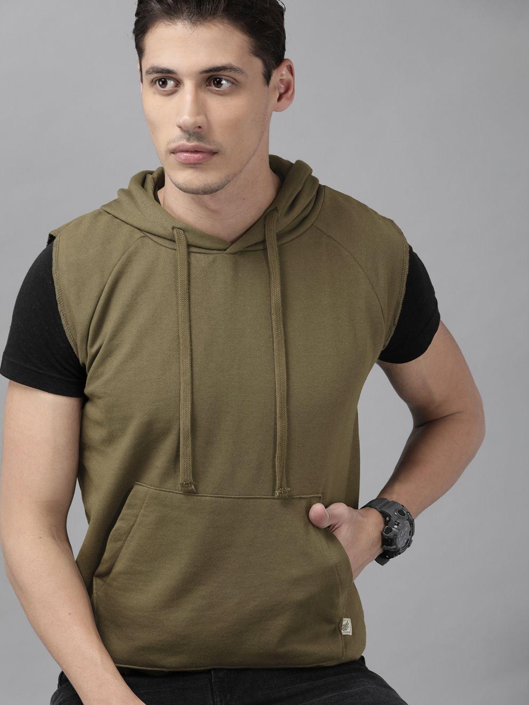 roadster men olive green solid hooded sweatshirt