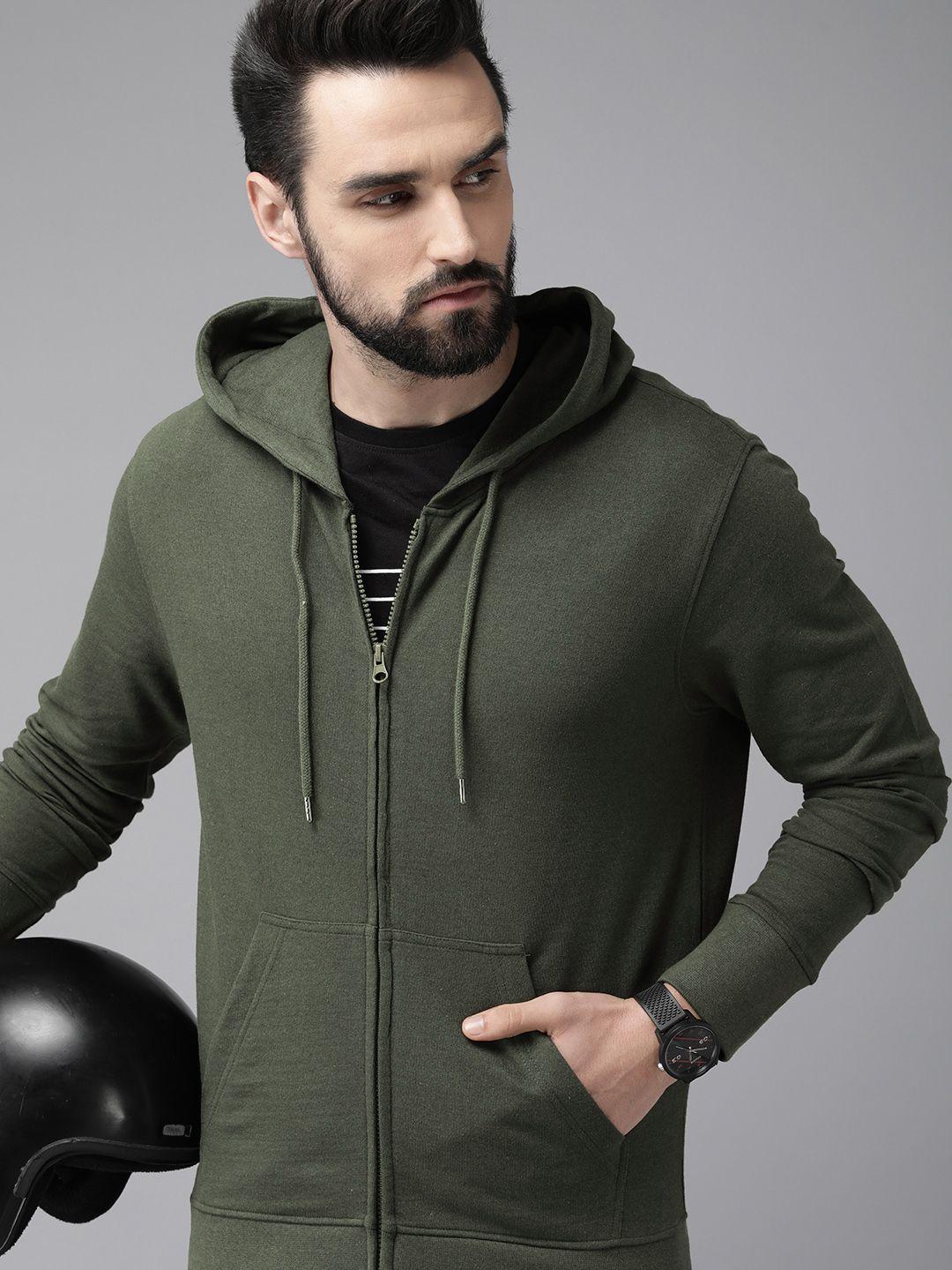 roadster men olive green solid hooded sweatshirt