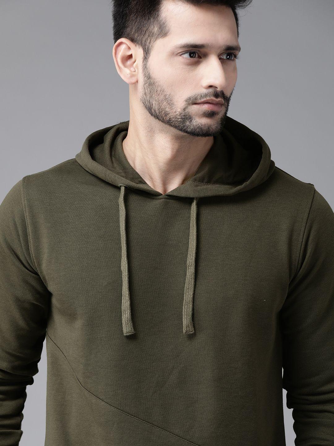 roadster men olive green solid hooded sweatshirt