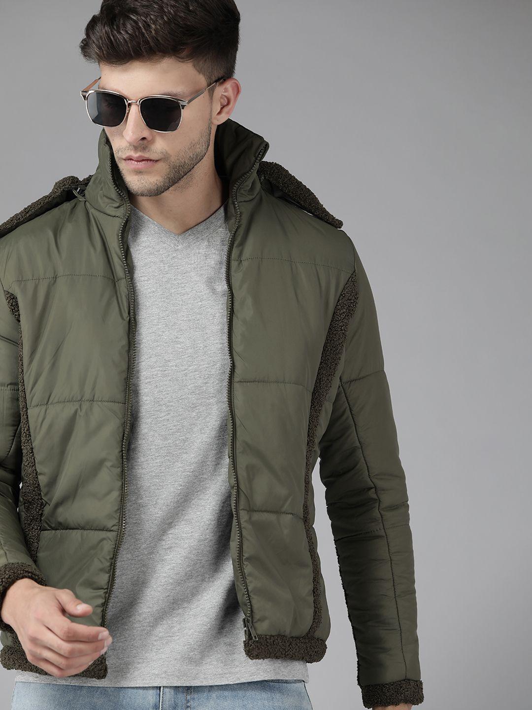 roadster men olive green solid padded jacket