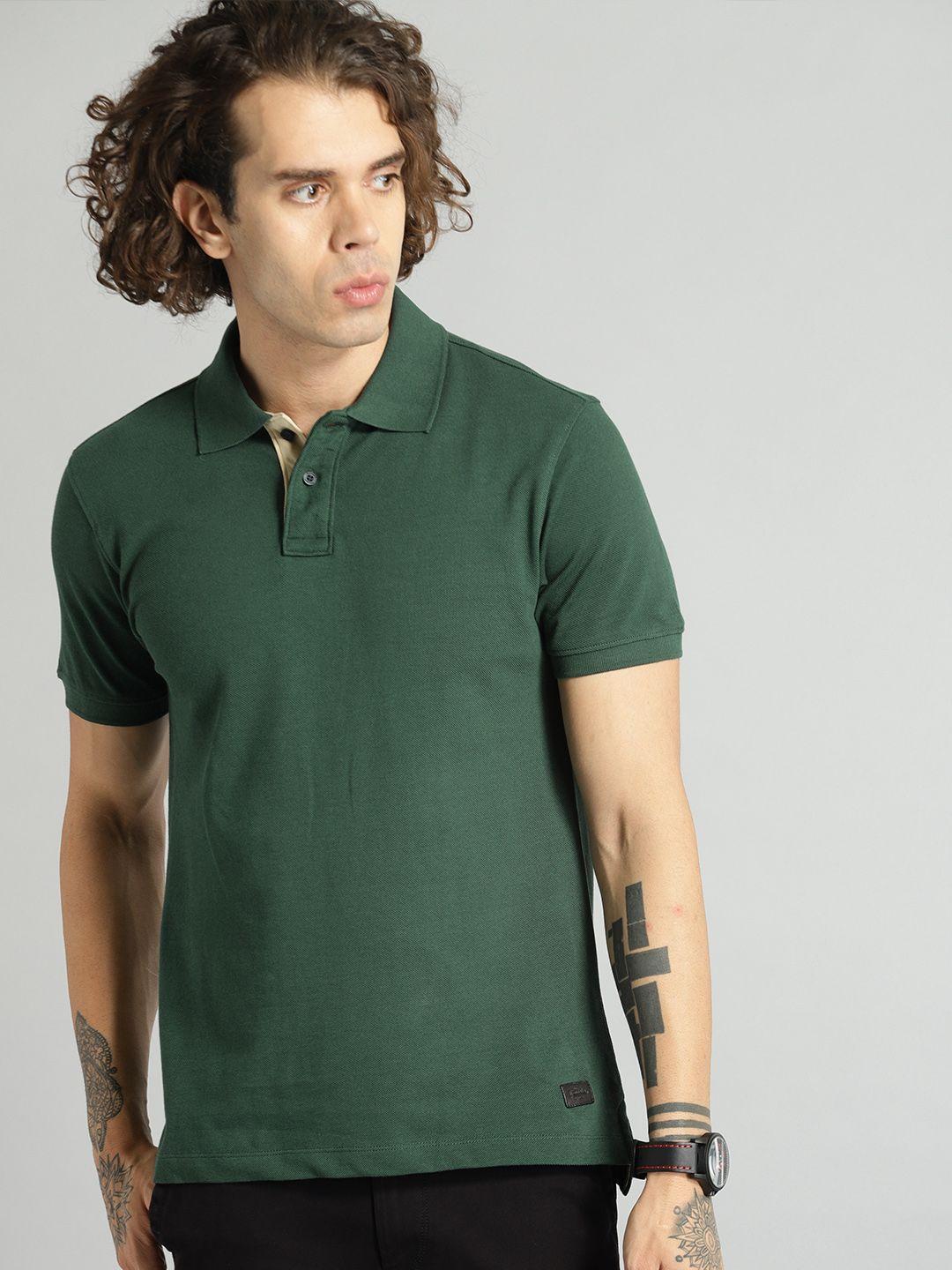 roadster men olive green solid polo collar pure cotton t-shirt