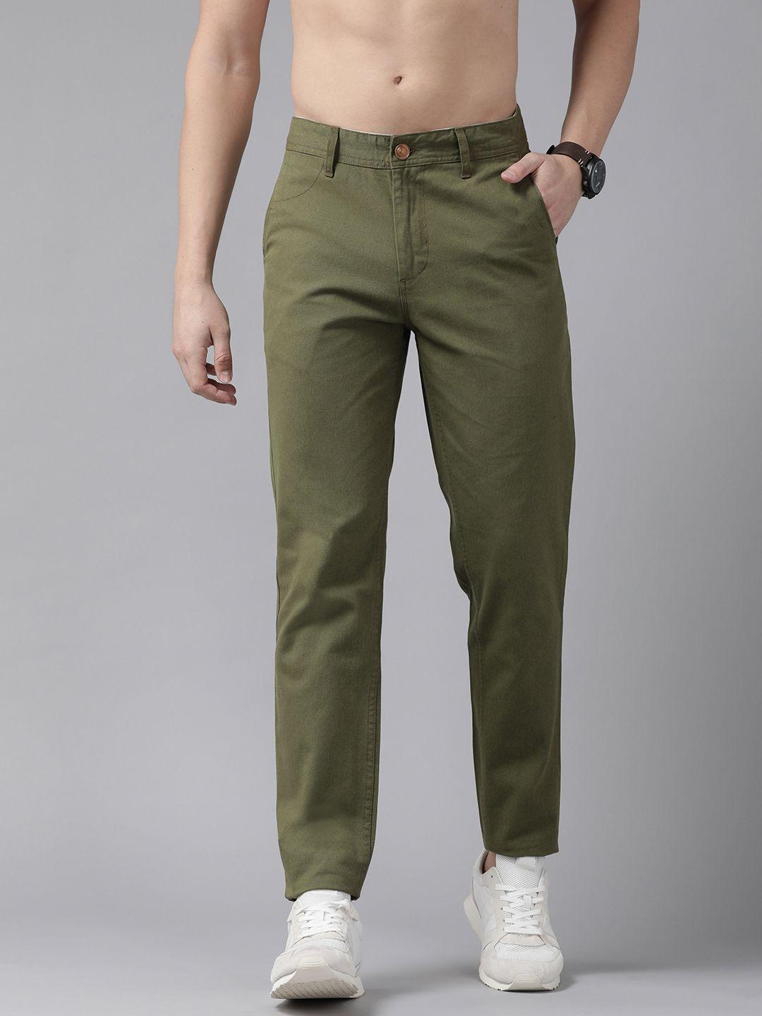 roadster men olive green solid pure cotton chinos