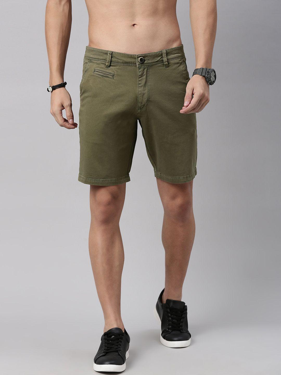 roadster men olive green solid regular fit chino shorts