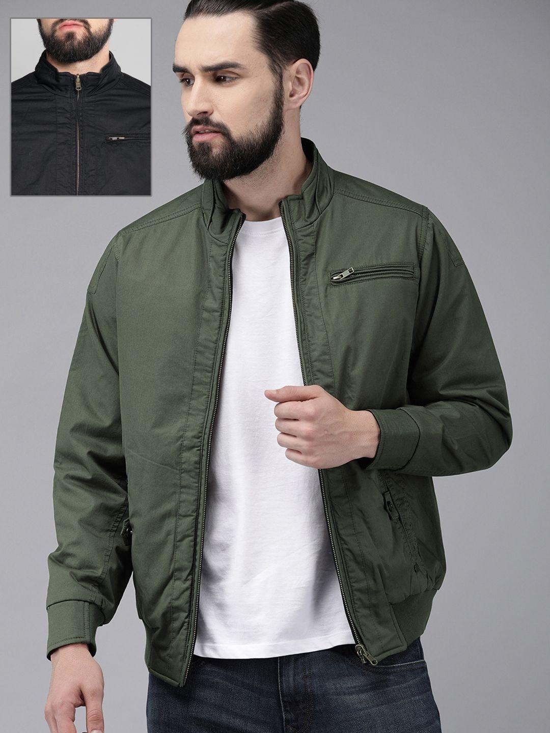 roadster men olive green solid reversible bomber jacket