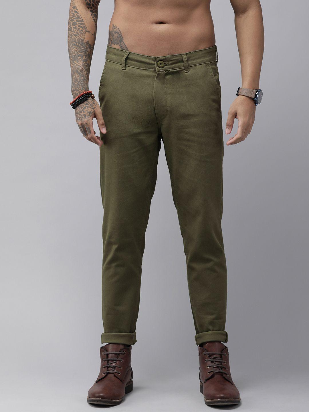 roadster men olive green straight fit solid trousers