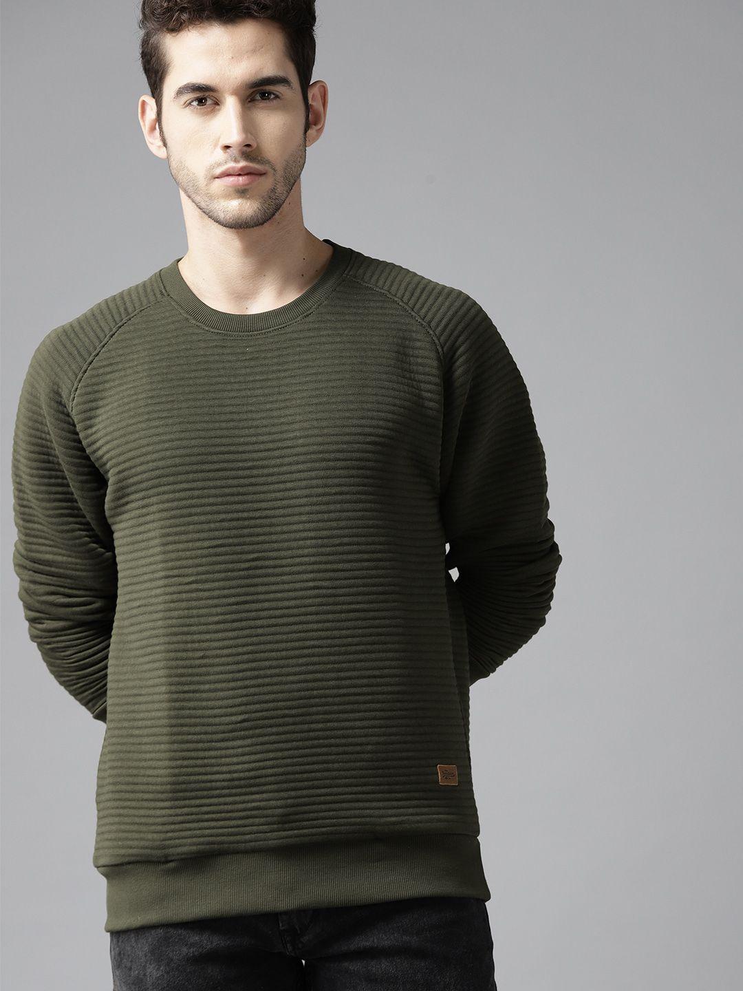 roadster men olive green striped sweatshirt