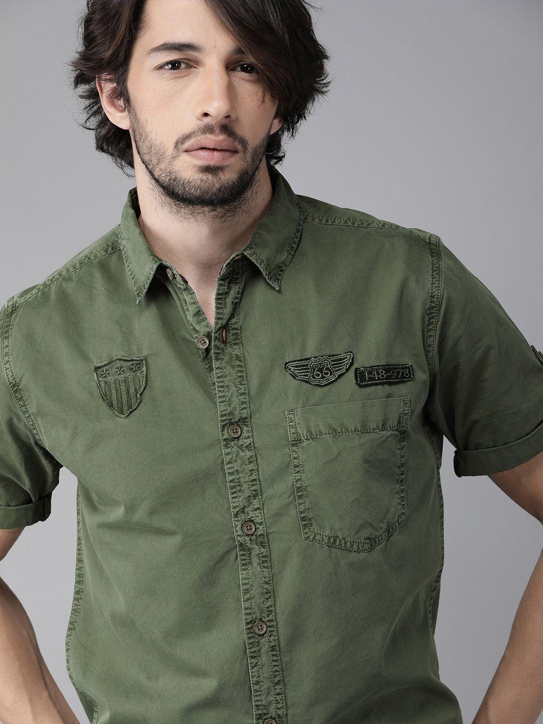 roadster men olive green sustainable casual shirt with applique detail