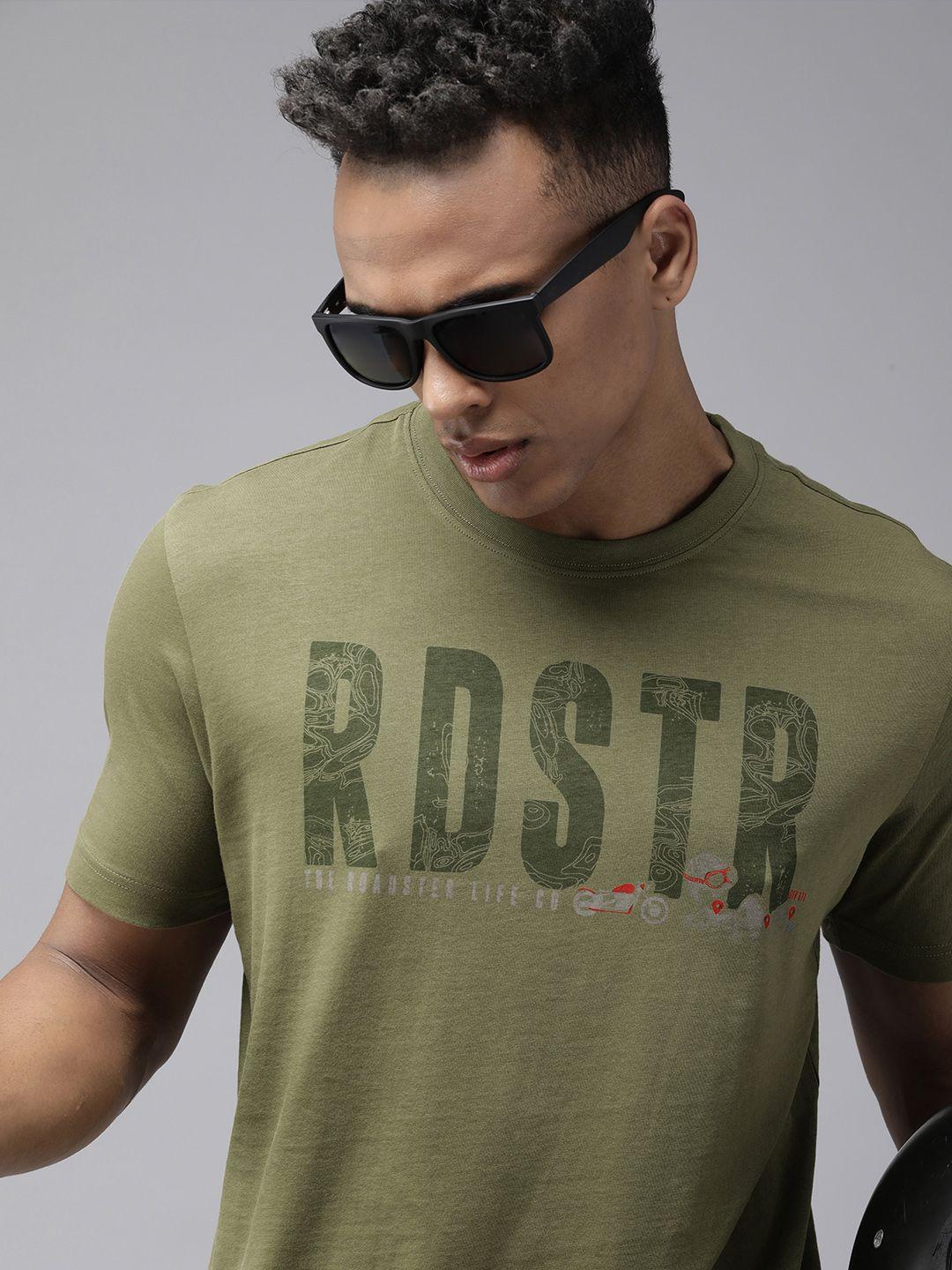 roadster men olive green typography printed pure cotton t-shirt