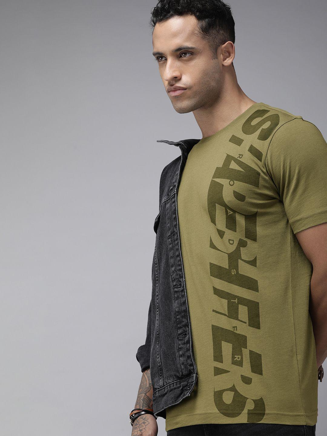 roadster men olive green typography printed pure cotton t-shirt