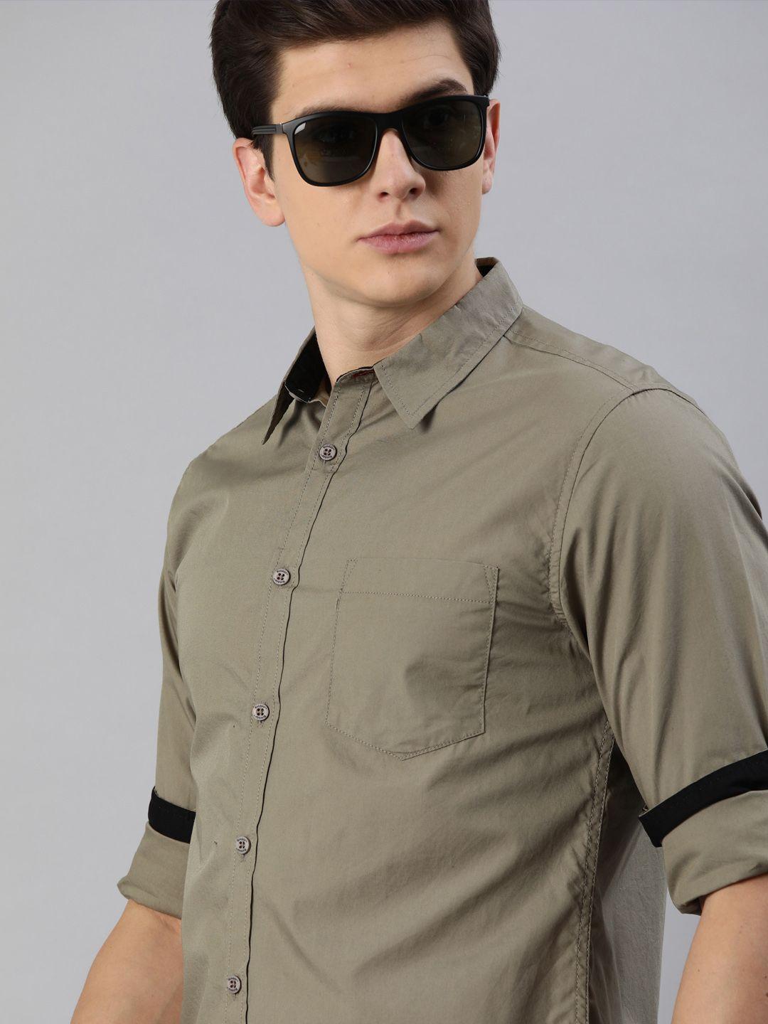 roadster men olive grey regular fit solid sustainable casual shirt