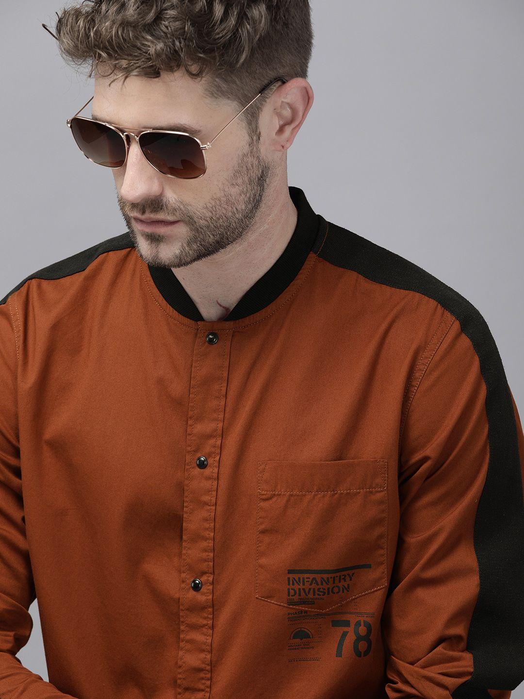 roadster men orange & black printed sustainable casual shirt