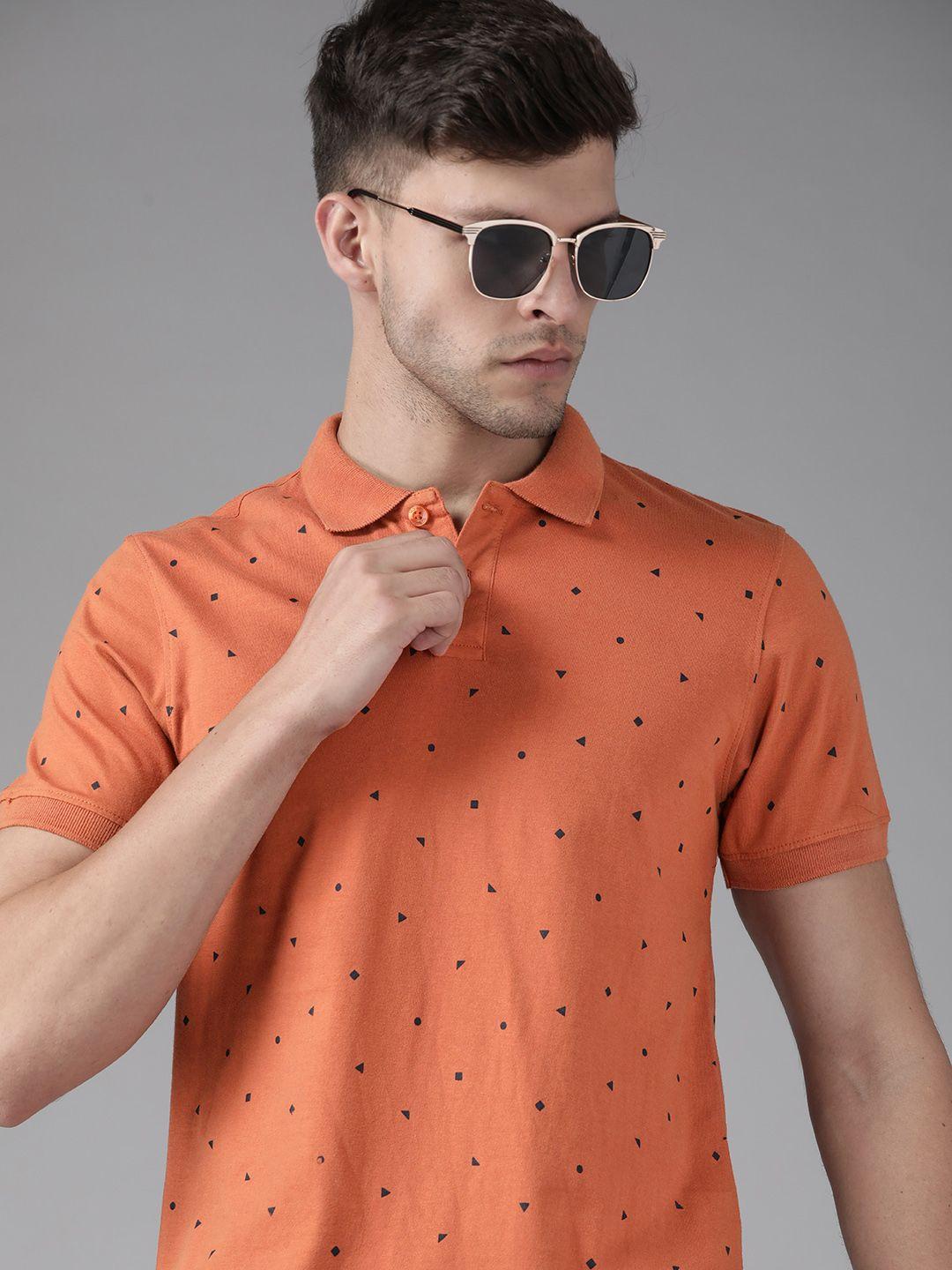 roadster men orange & navy blue pure cotton printed polo collar t-shirt