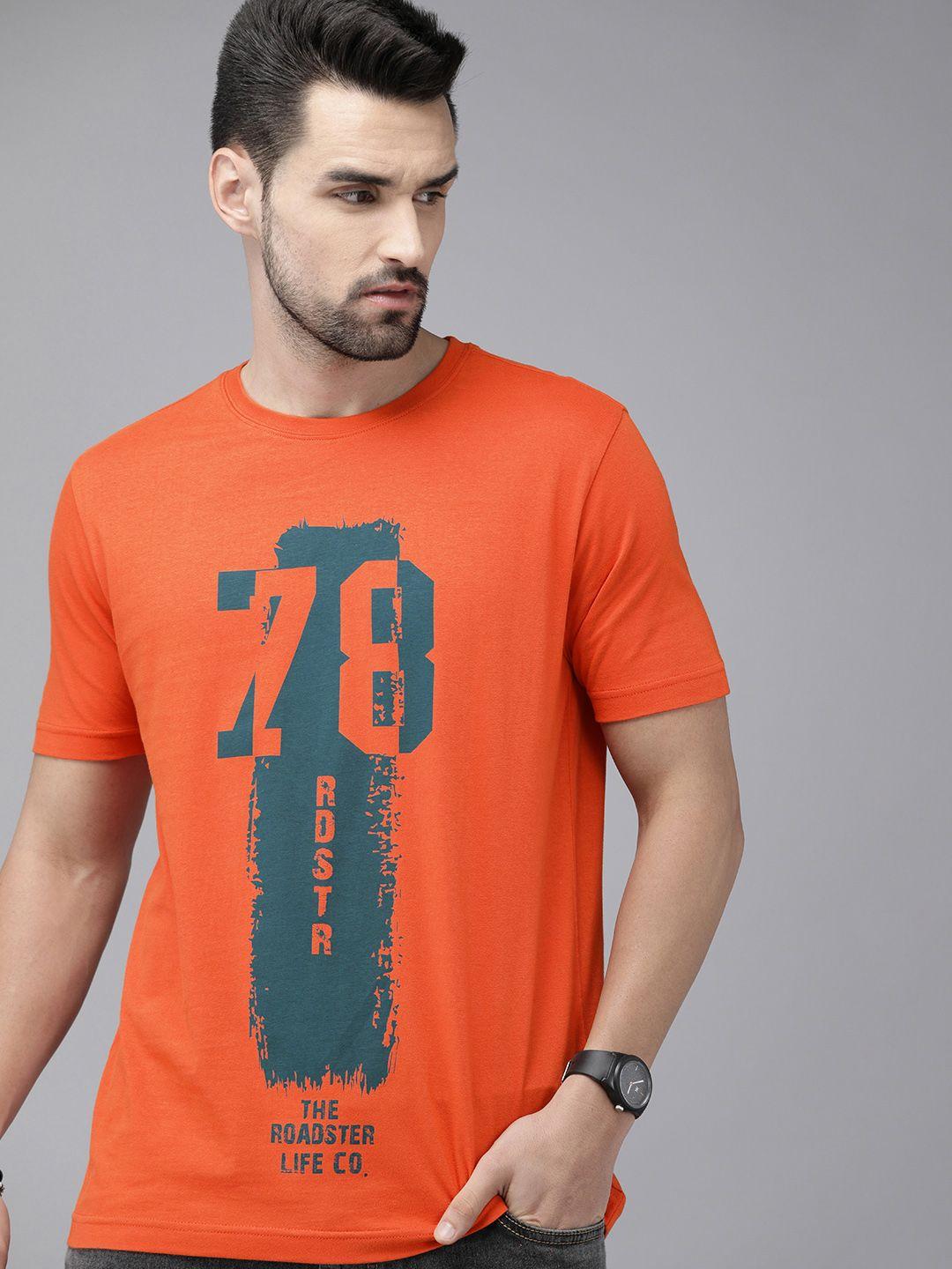 roadster men orange & teal green graphic & brand logo printed cotton t-shirt