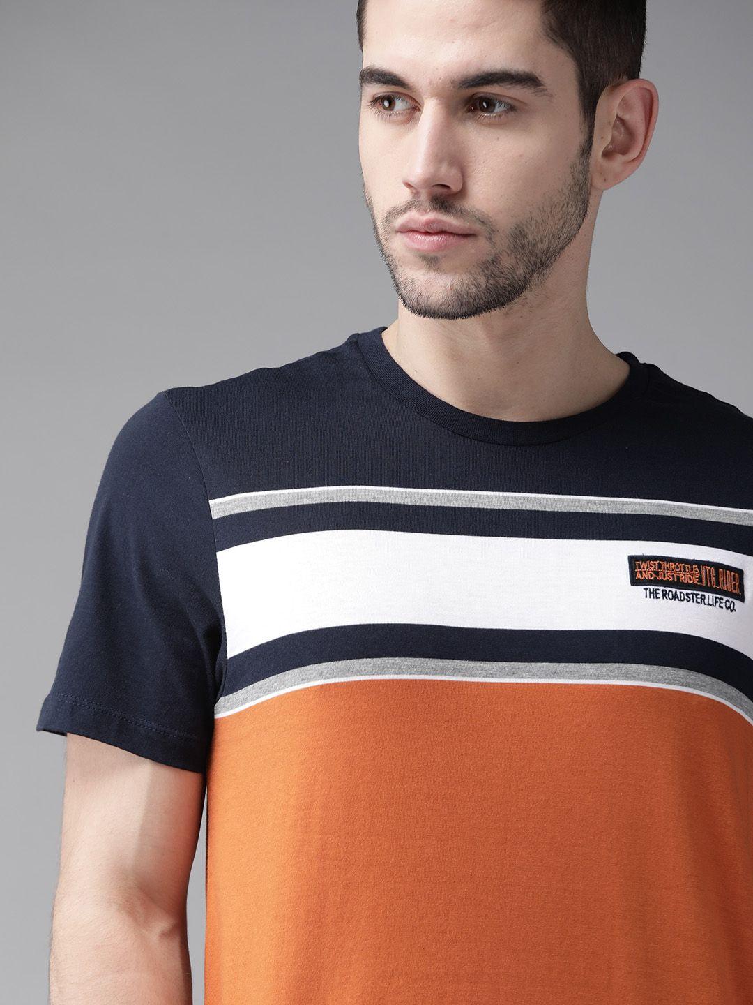 roadster men orange  navy blue pure cotton striped round neck pure cotton t-shirt