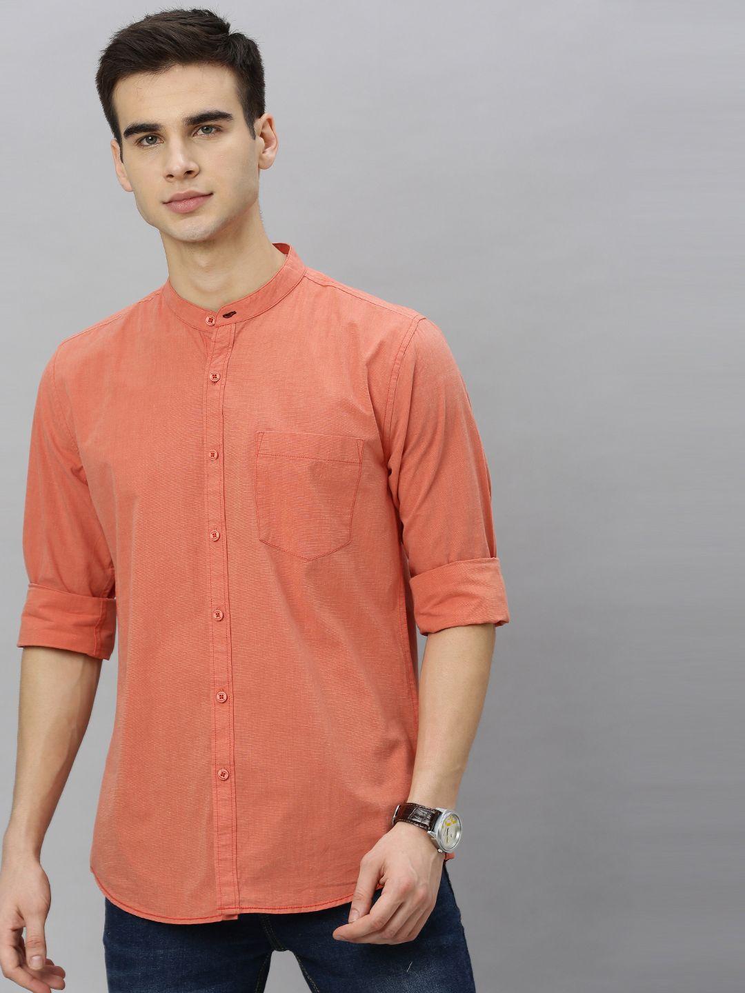roadster men orange regular fit solid casual shirt