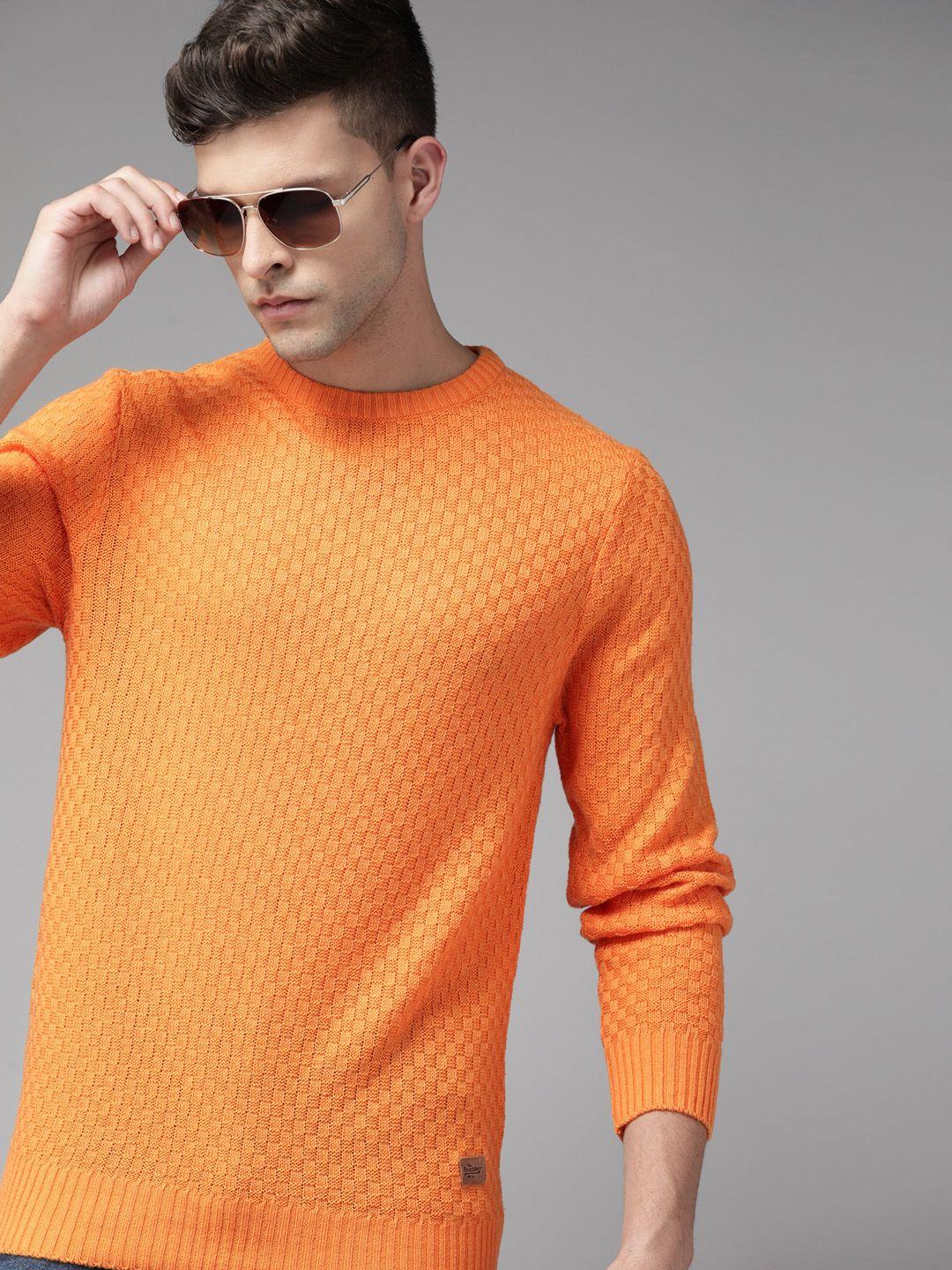 roadster men orange self-checked pullover