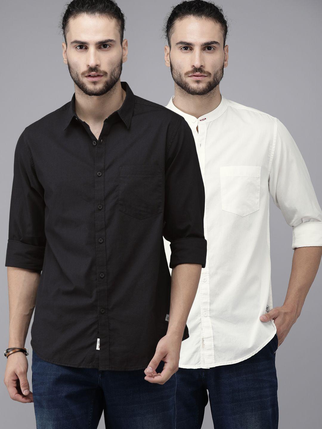 roadster men pack of 2 black & off-white regular fit solid sustainable casual shirt