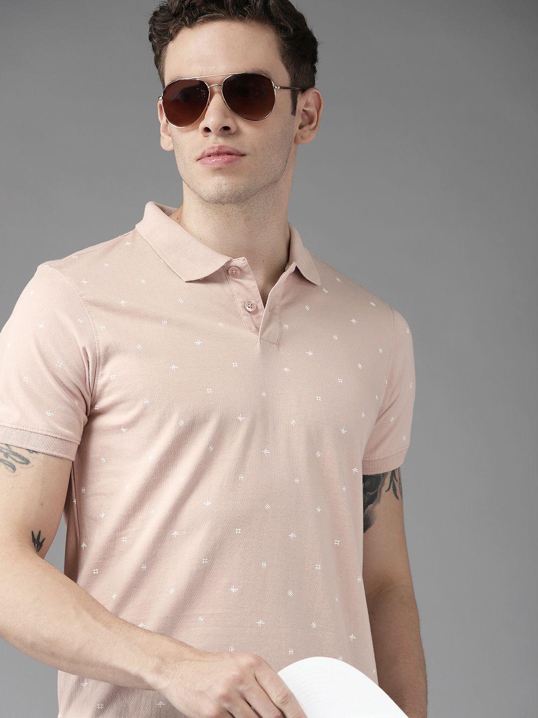 roadster men pink & white pure cotton printed polo collar t-shirt