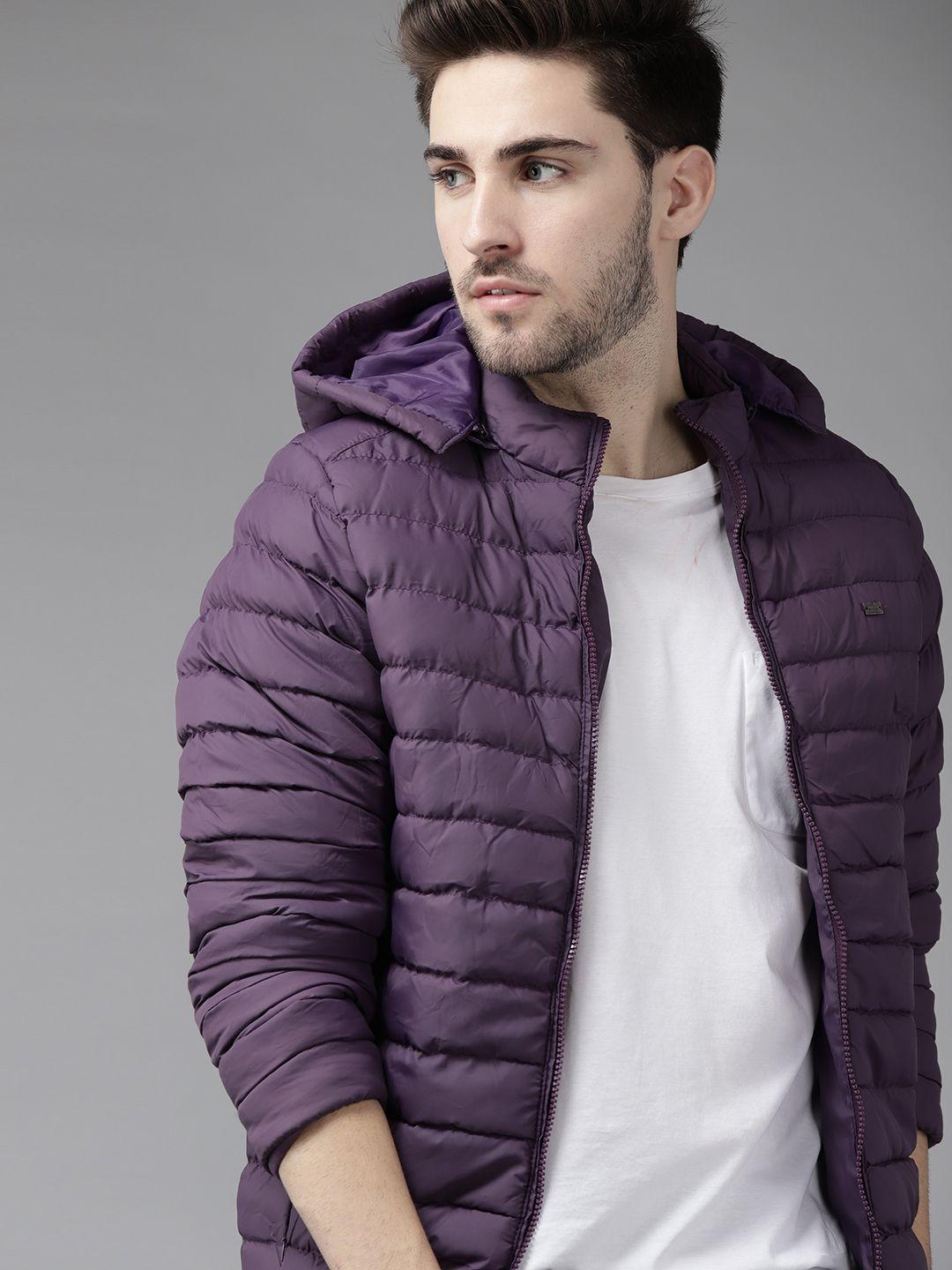 roadster men purple padded hooded jacket
