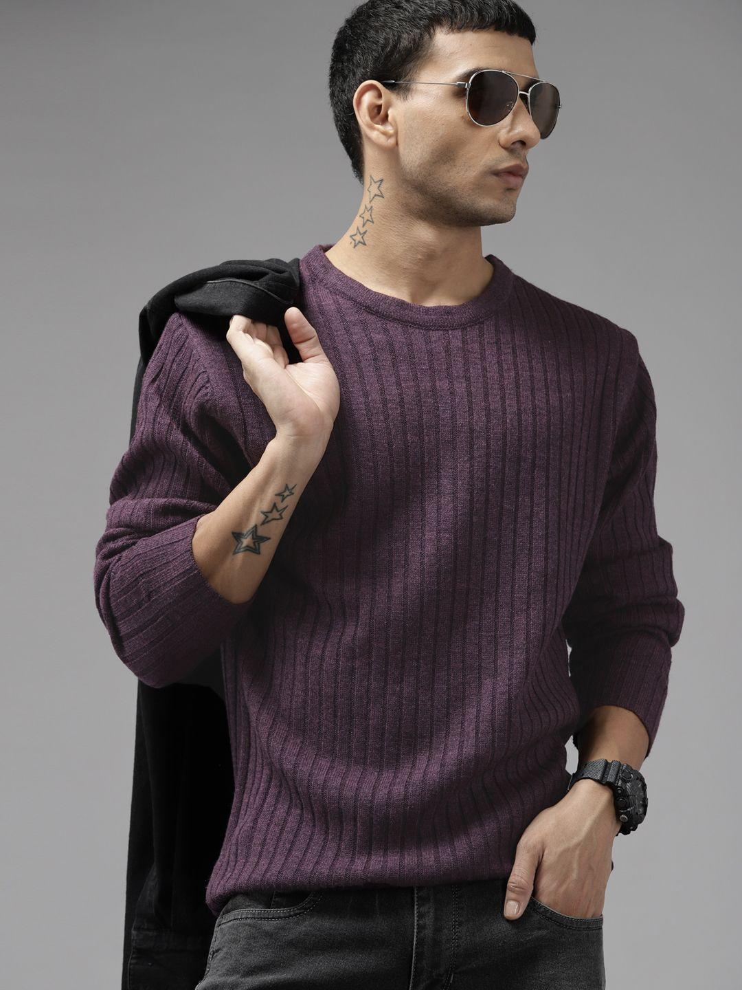 roadster men purple self striped acrylic pullover