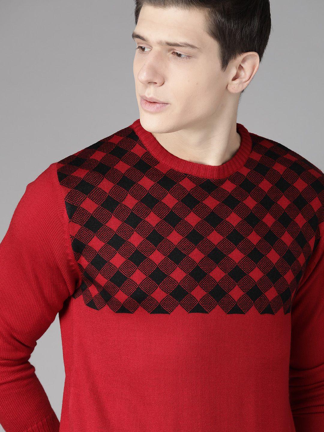 roadster men red & black self design acrylic sweater
