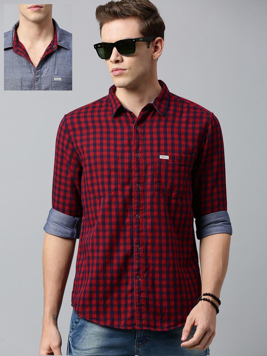 roadster men red & navy blue checked casual pure cotton reversible sustainable shirt