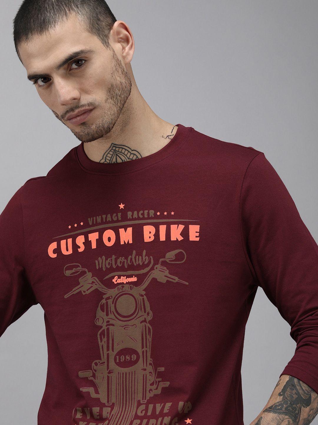 roadster men red printed pure cotton t-shirt