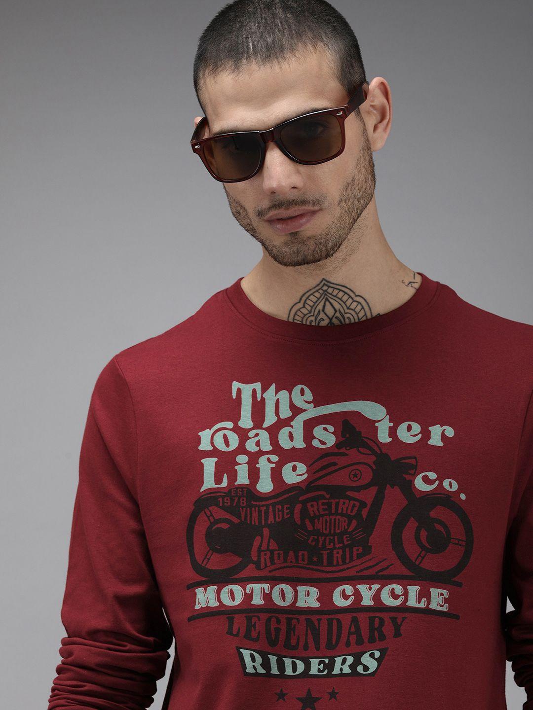 roadster men red typography printed cotton t-shirt