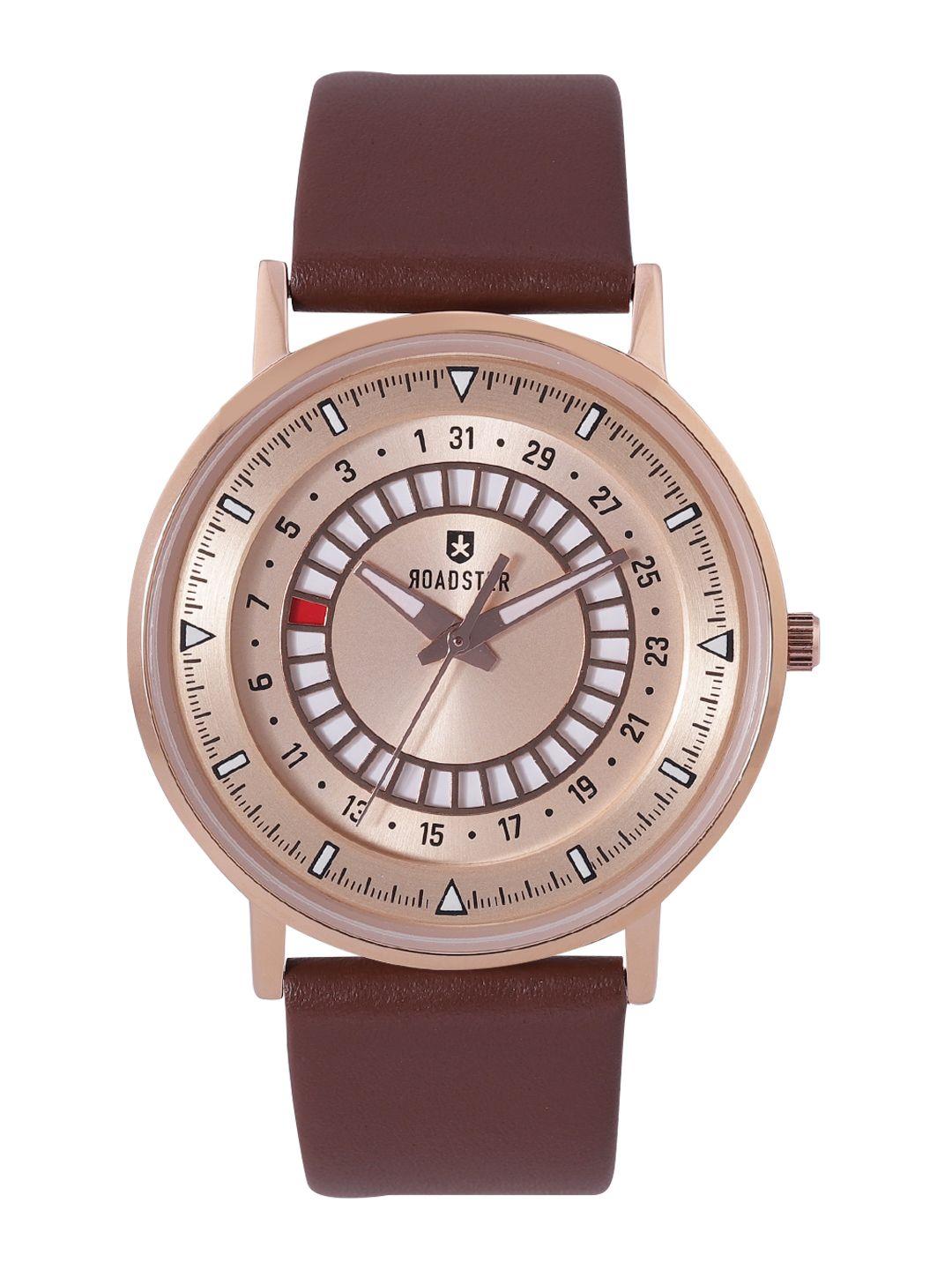 roadster men rose gold-toned brass embellished dial & brown leather straps analogue watch