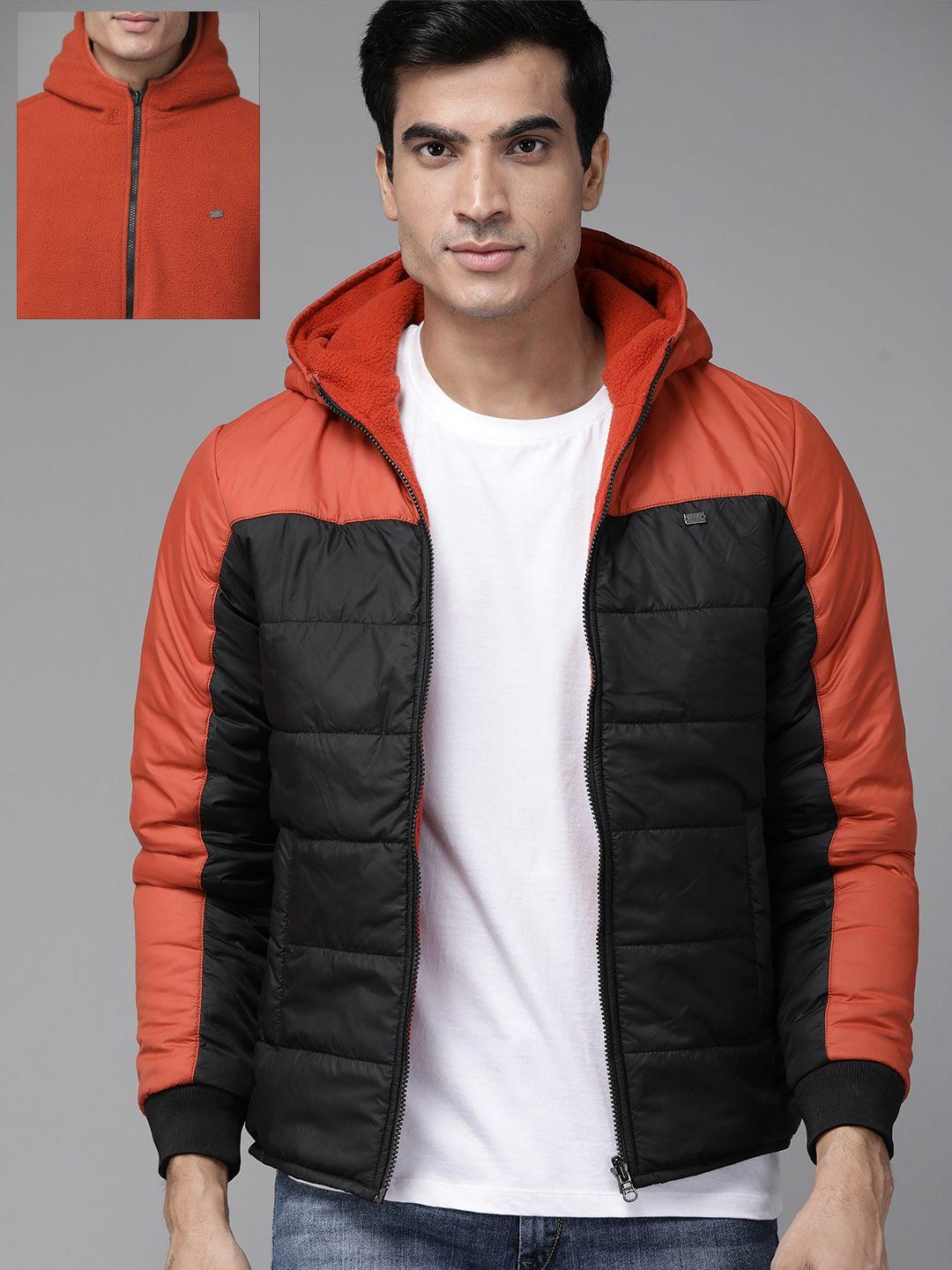 roadster men rust brown & black colourblocked reversible padded jacket