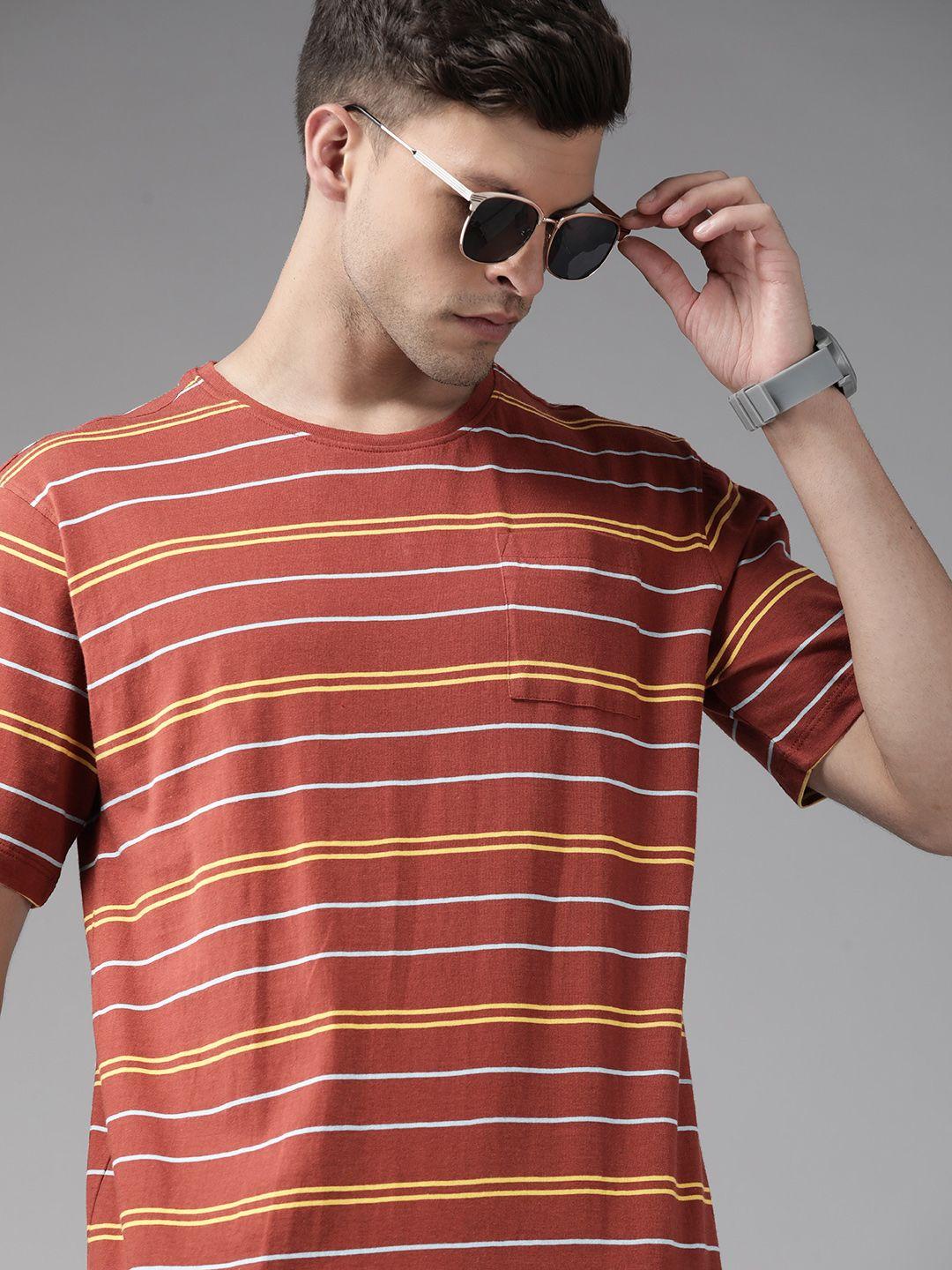 roadster men rust brown & yellow pure cotton striped pure cotton t-shirt