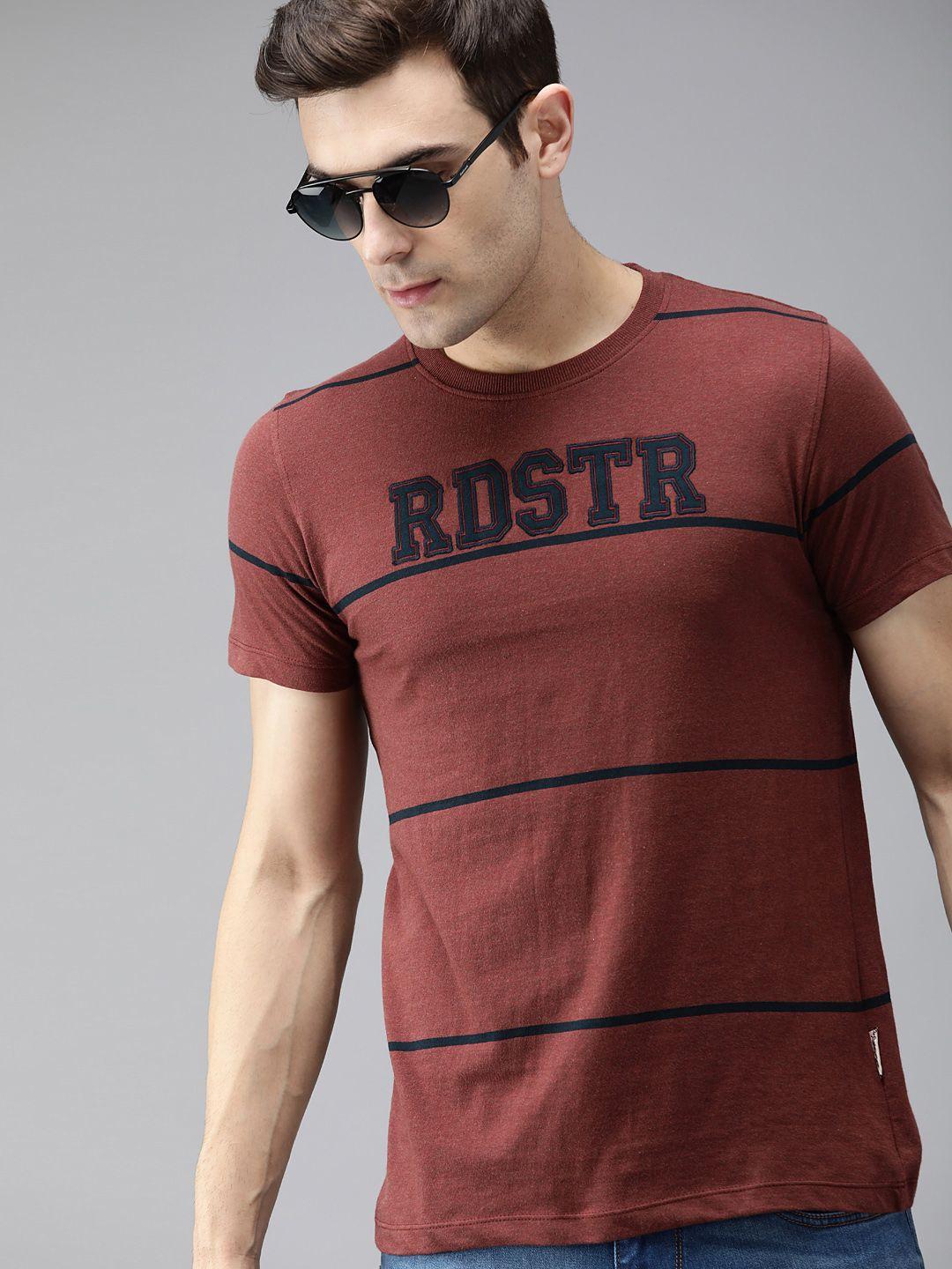 roadster men rust brown  navy blue striped round neck pure cotton t-shirt