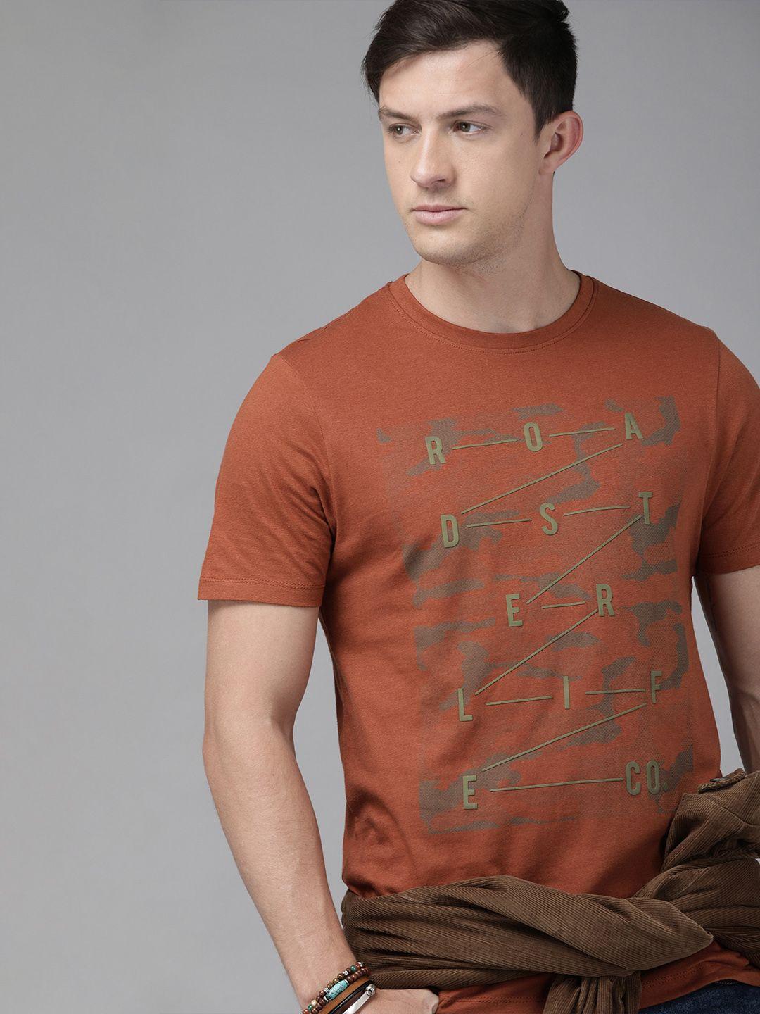 roadster men rust brown printed round neck pure cotton t-shirt
