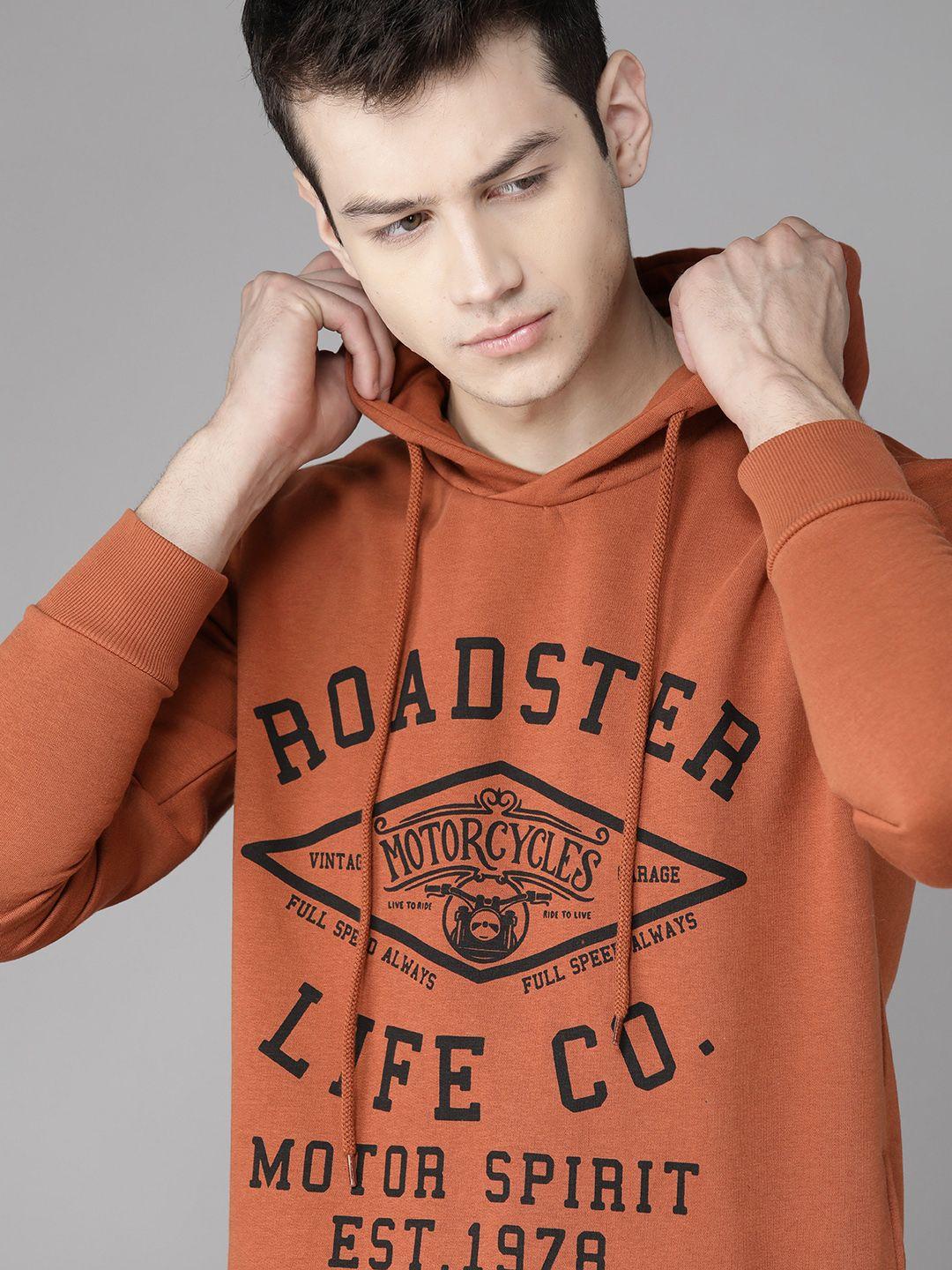 roadster men rust orange & black printed hooded sweatshirt