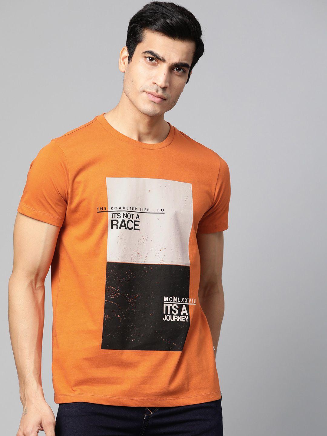 roadster men rust orange & black printed round neck t-shirt