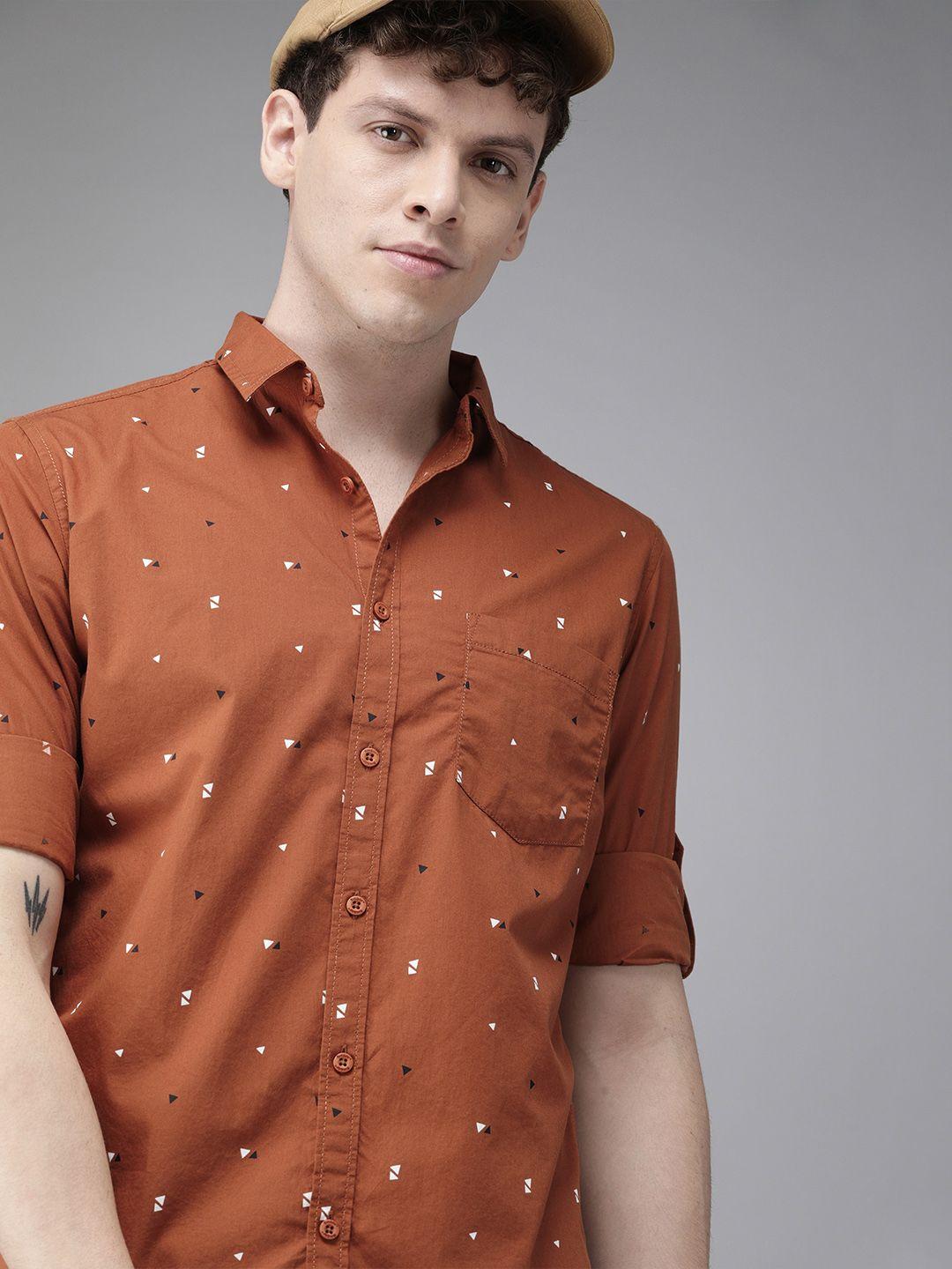 roadster men rust orange & black regular fit printed sustainable casual shirt