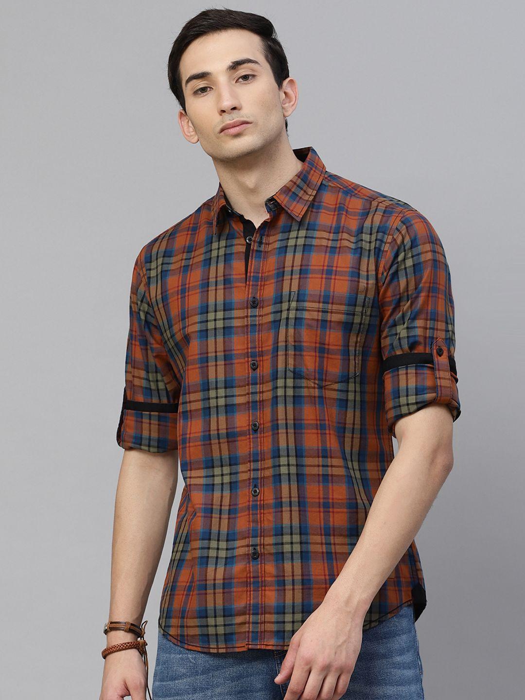 roadster men rust orange & blue regular fit checked pure cotton casual shirt