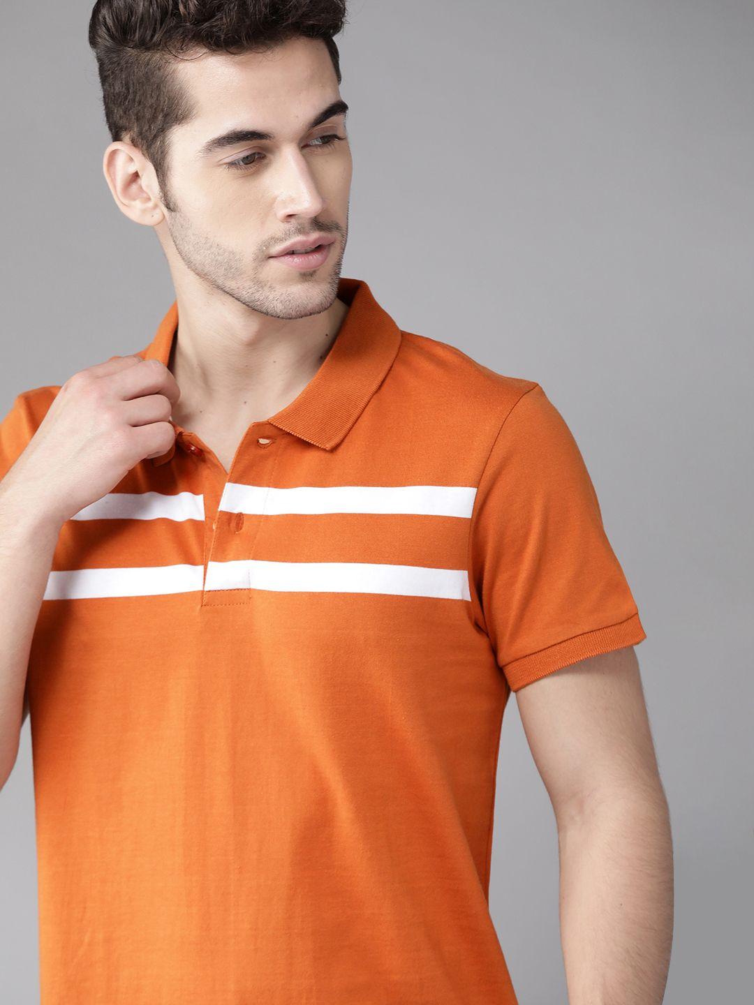 roadster men rust orange  white striped polo collar pure cotton t-shirt
