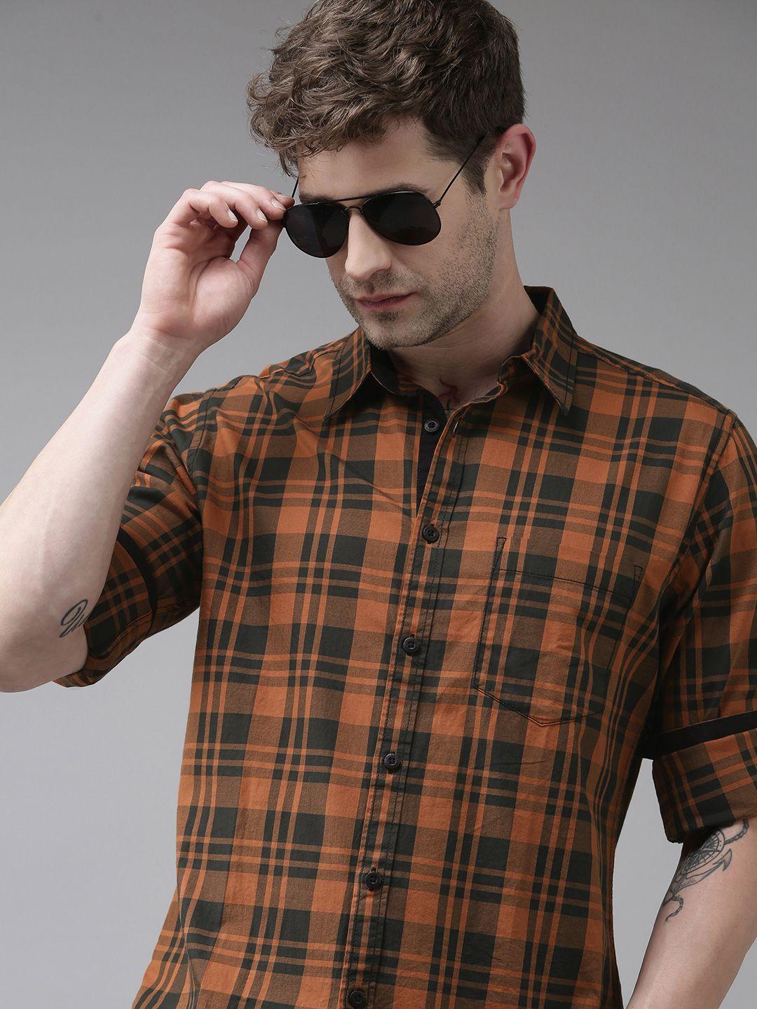 roadster men rust orange gingham checks opaque pure cotton sustainable casual shirt