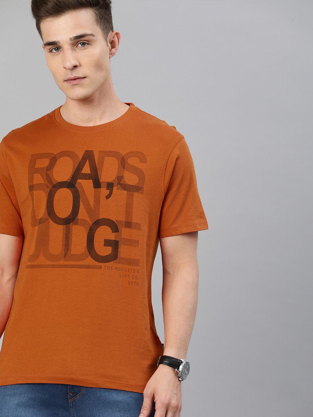 roadster men rust orange printed round neck pure cotton t-shirt