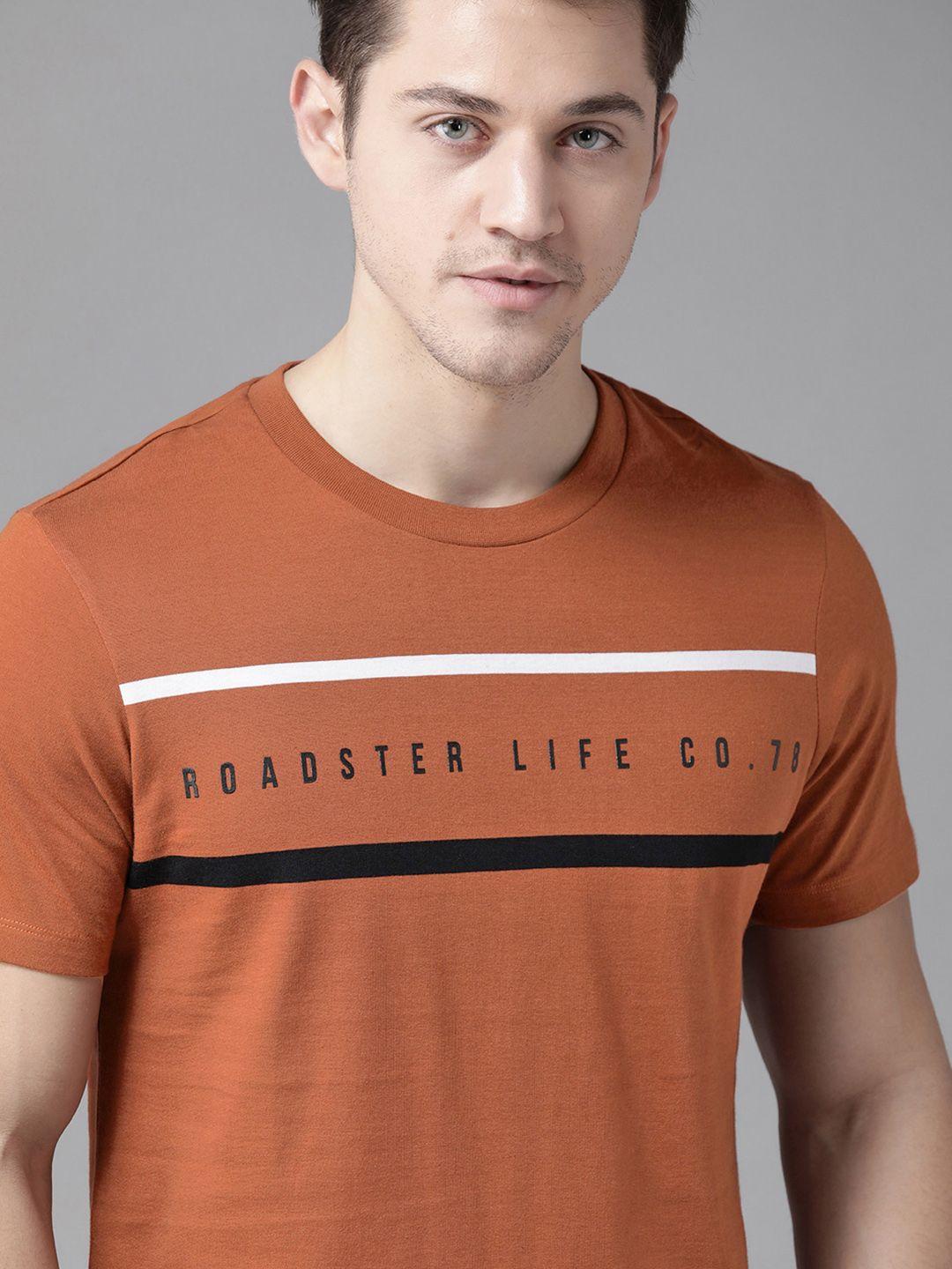 roadster men rust orange pure cotton striped round neck pure cotton t-shirt