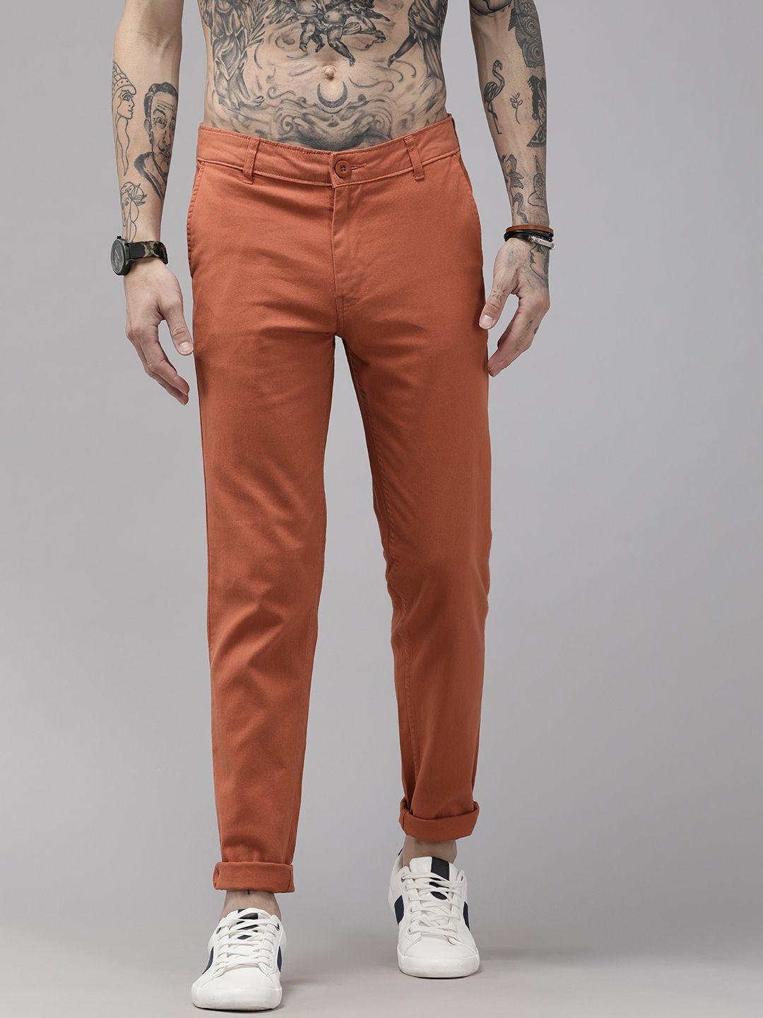 roadster men rust orange slim fit chinos trousers