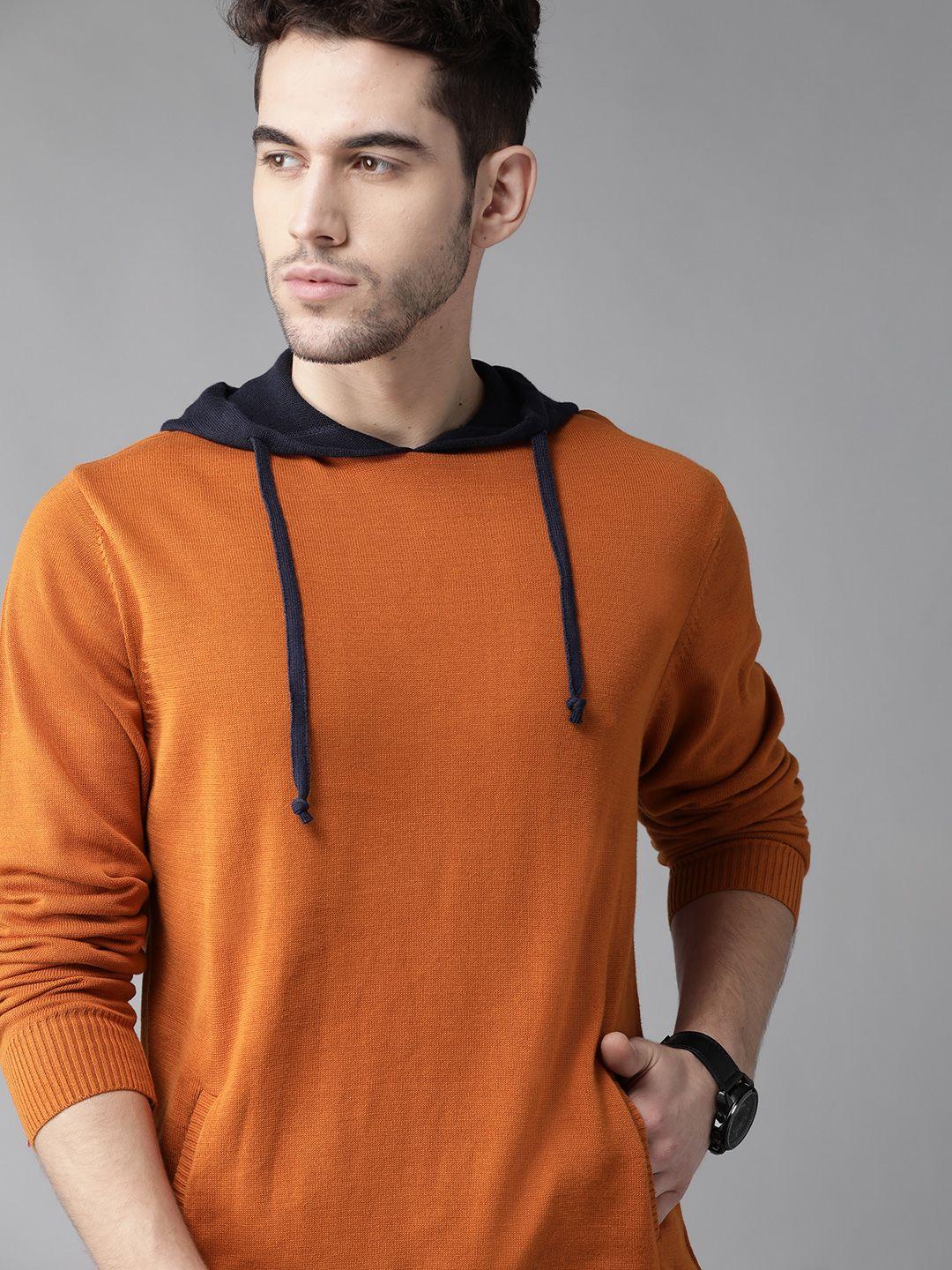 roadster men rust orange solid hooded pullover