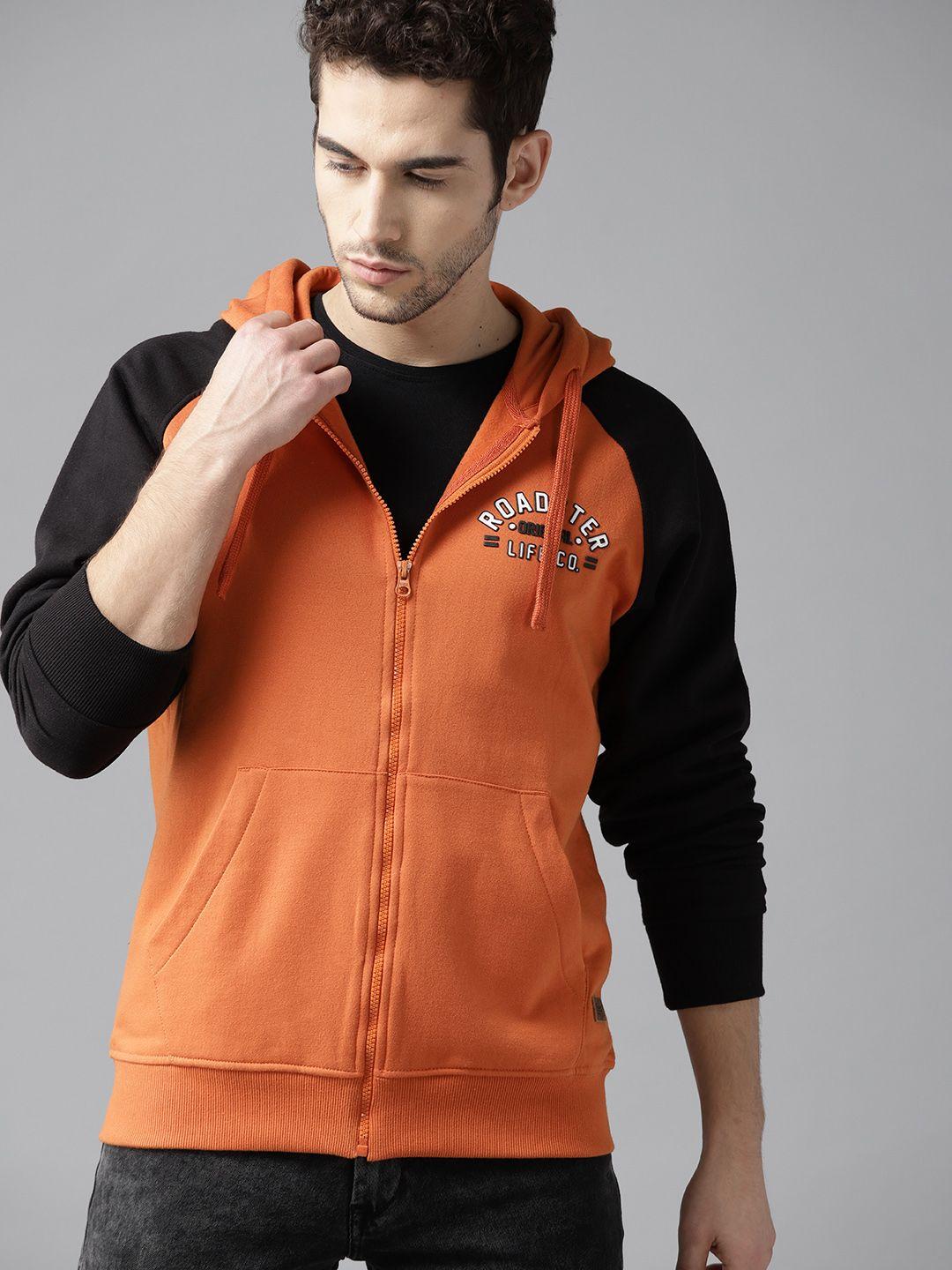 roadster men rust orange solid hooded sweatshirt