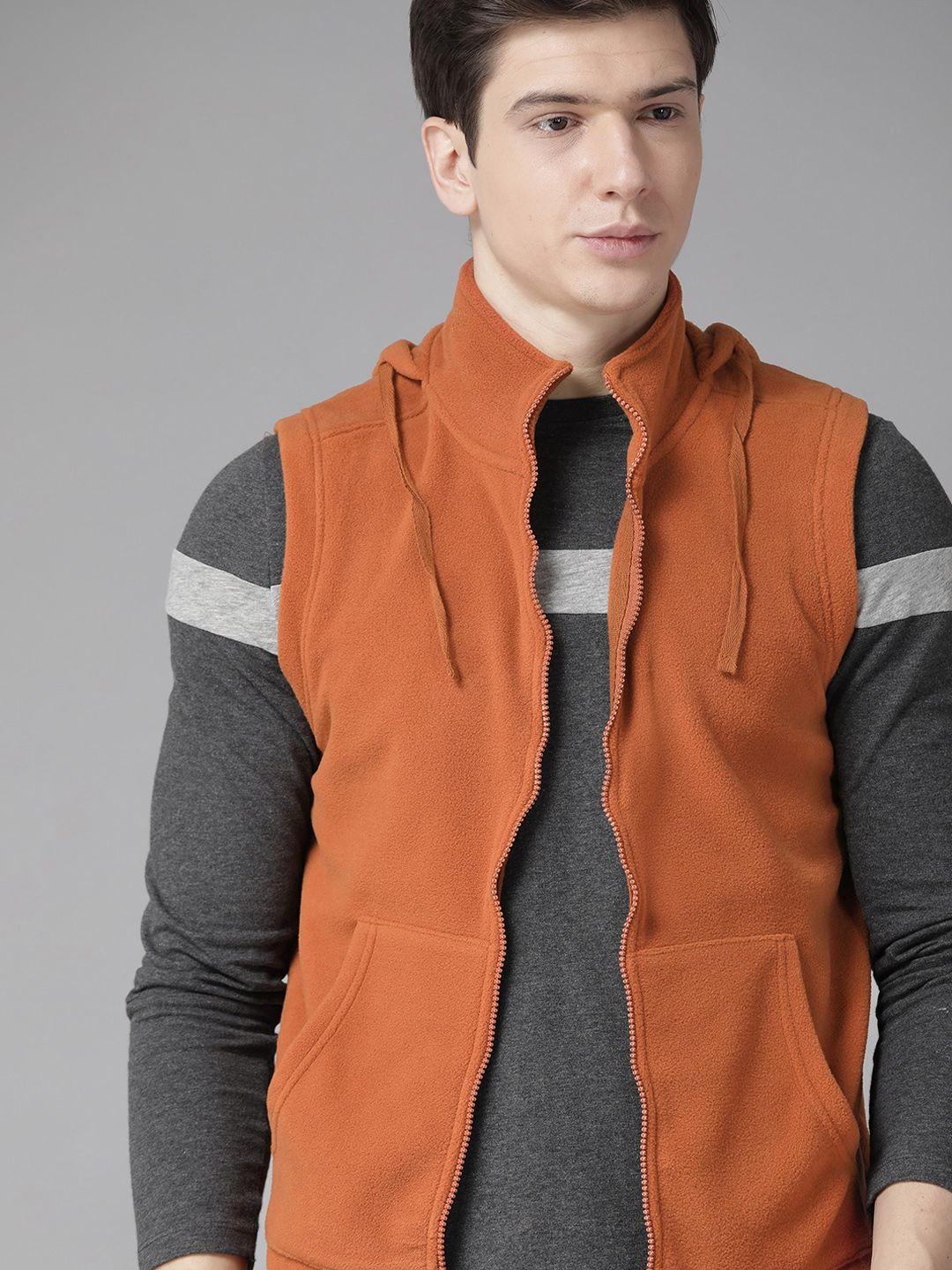 roadster men rust orange solid hooded tailored jacket