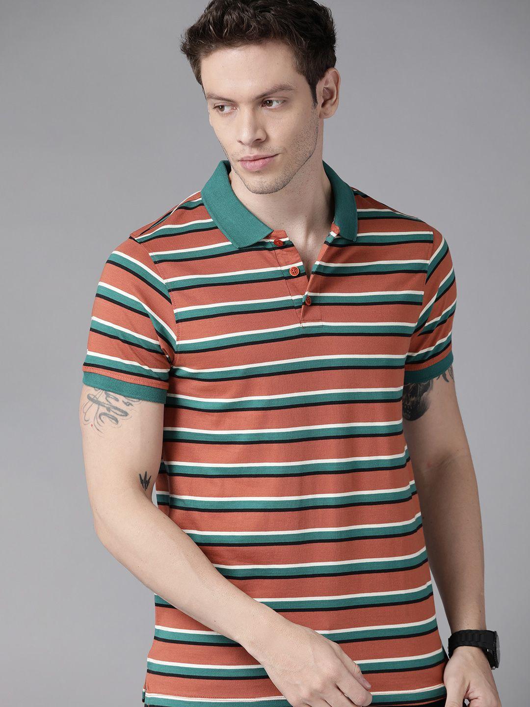 roadster men rust red & green striped polo collar pure cotton t-shirt